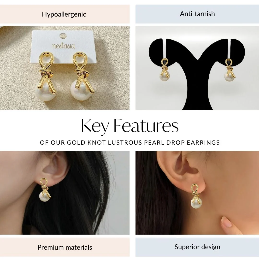 Gold Knot Lustrous Pearl Drop Earrings - Image 4