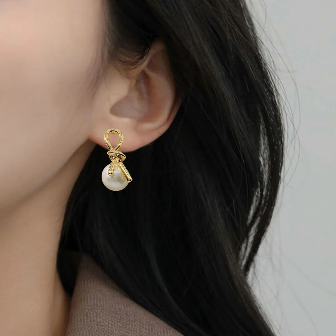 Gold Knot Lustrous Pearl Drop Earrings - Image 5