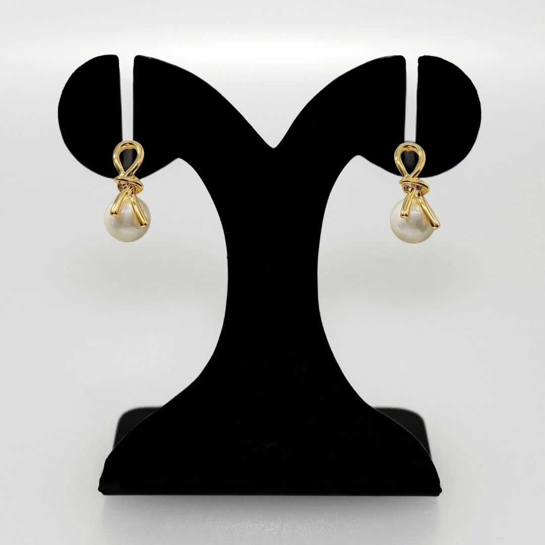 Gold Knot Lustrous Pearl Drop Earrings - Image 6