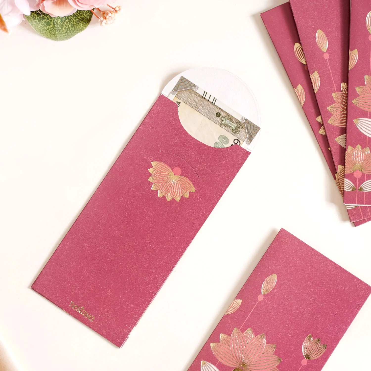 Gold Lotus Shagun Paper Envelopes For Cash Gift Set Of 12 Maroon - Image 2