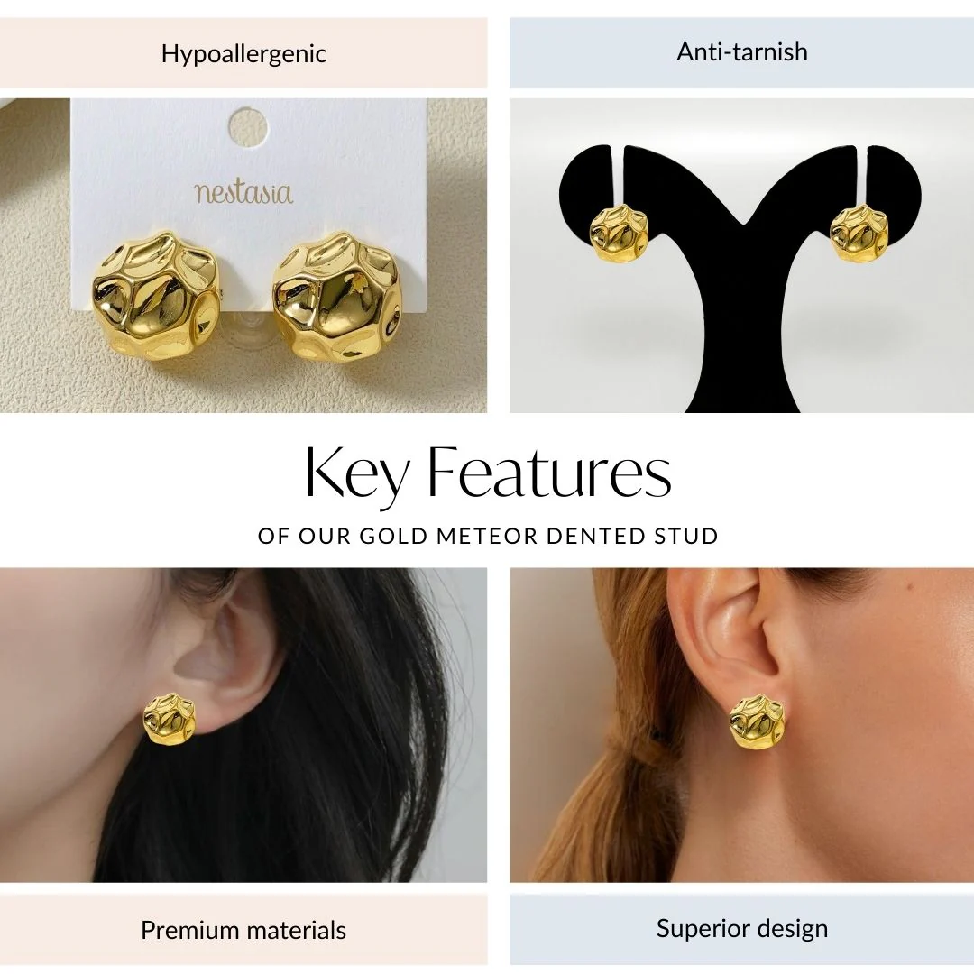 Gold Meteor Dented Stud Earrings - Image 4