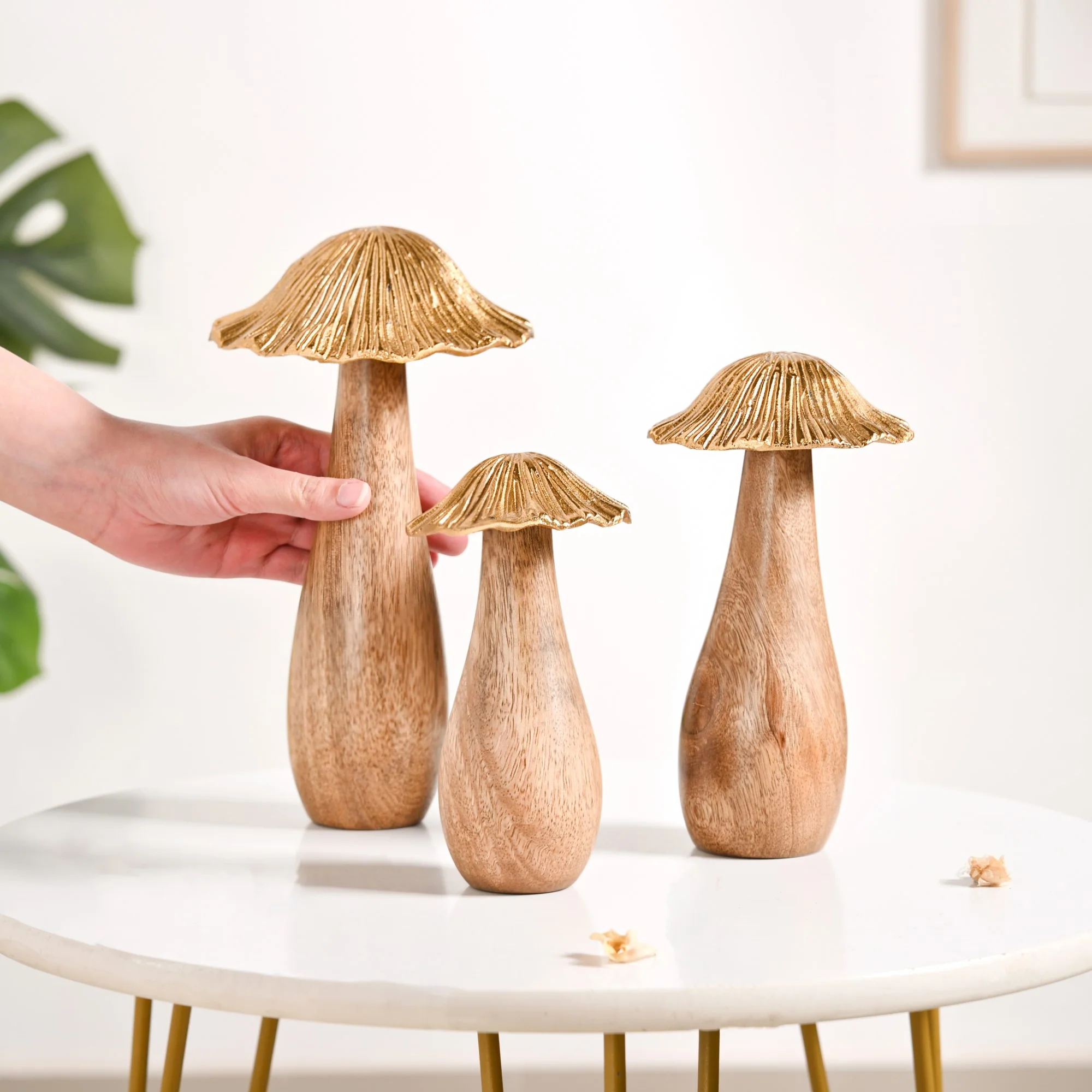 Gold Mushrooms Wooden Decor Showpieces Set Of 3 - Image 2