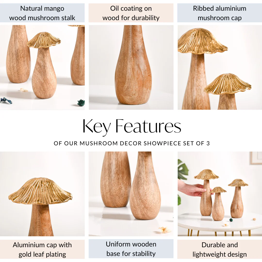 Gold Mushrooms Wooden Decor Showpieces Set Of 3 - Image 8