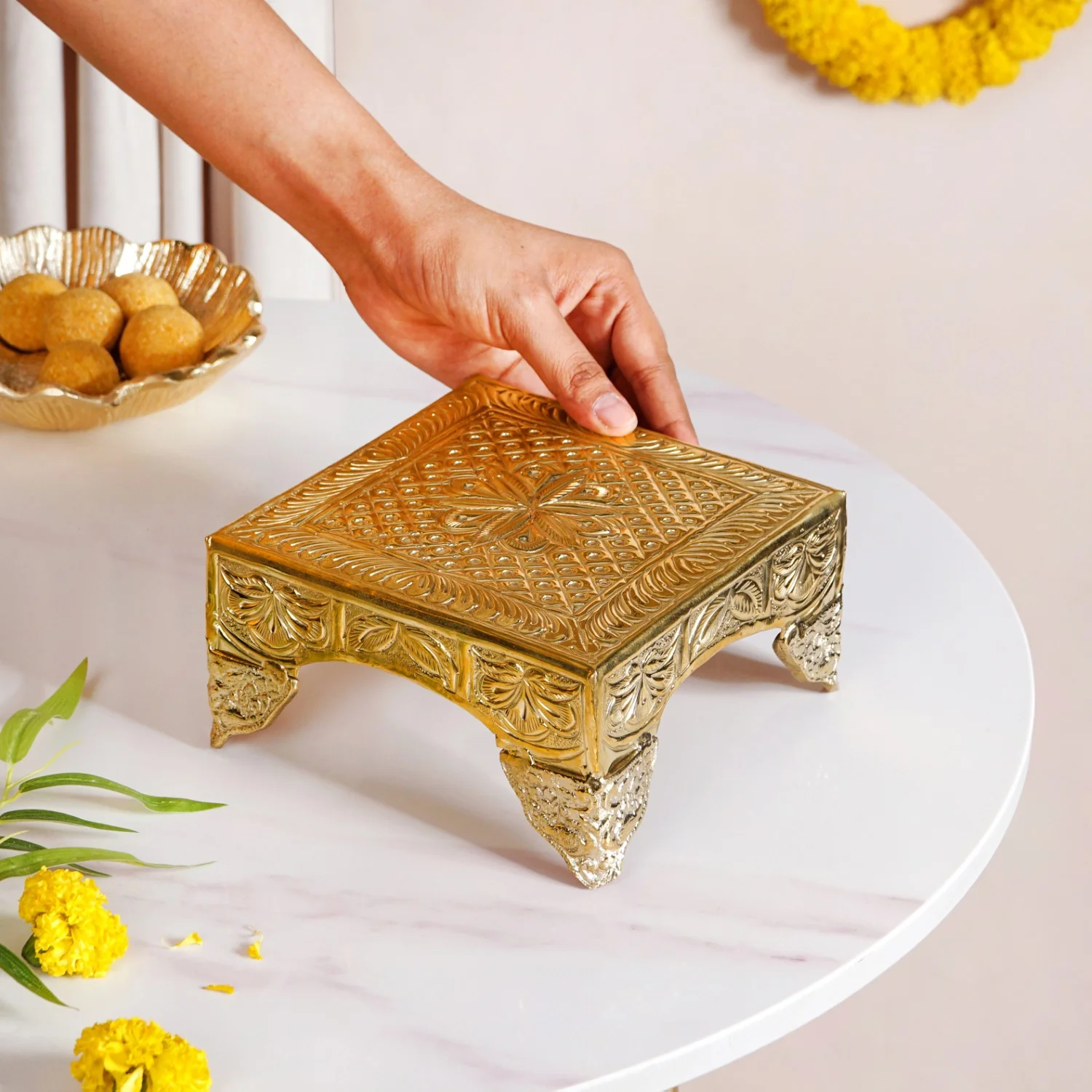 Gold Puja Chowki Small 16x16cm - Image 3