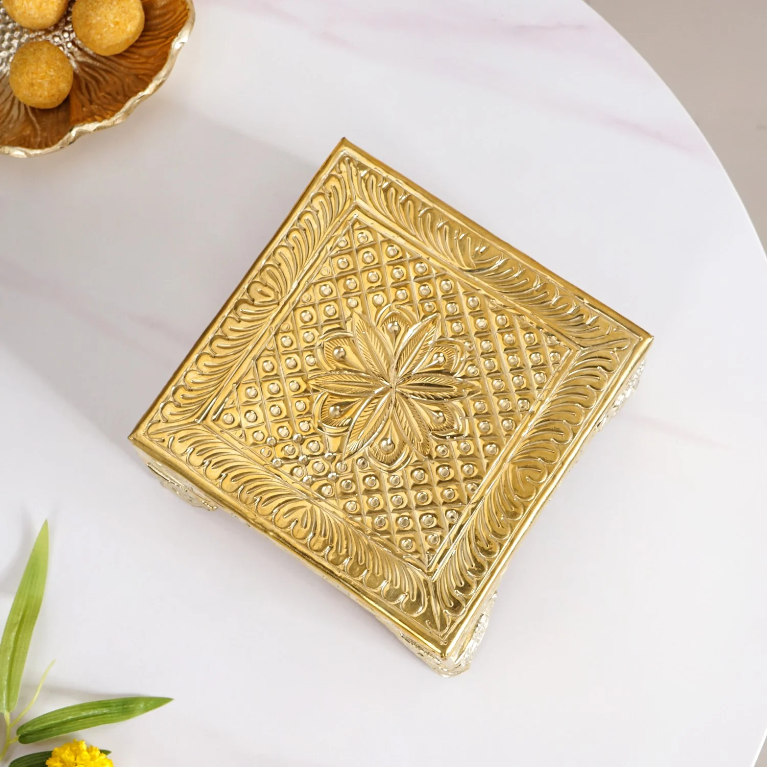 Gold Puja Chowki Small 16x16cm - Image 6