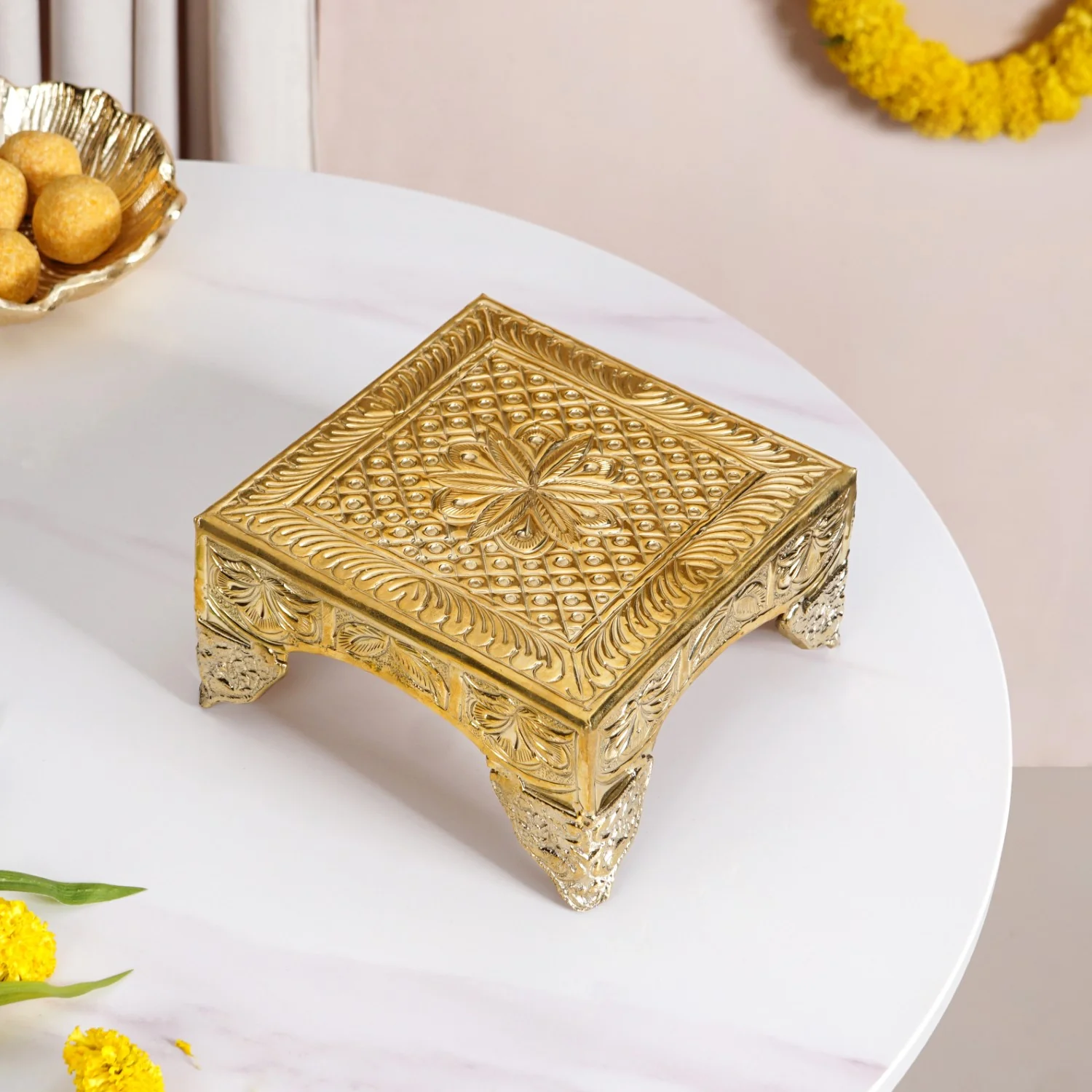 Gold Puja Chowki Small 16x16cm - Image 9