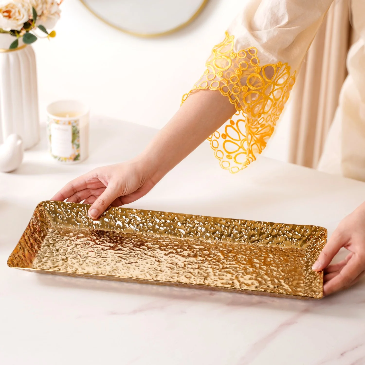 Gold Rectangular Metal Long Tray 16x6 Inch - Image 2