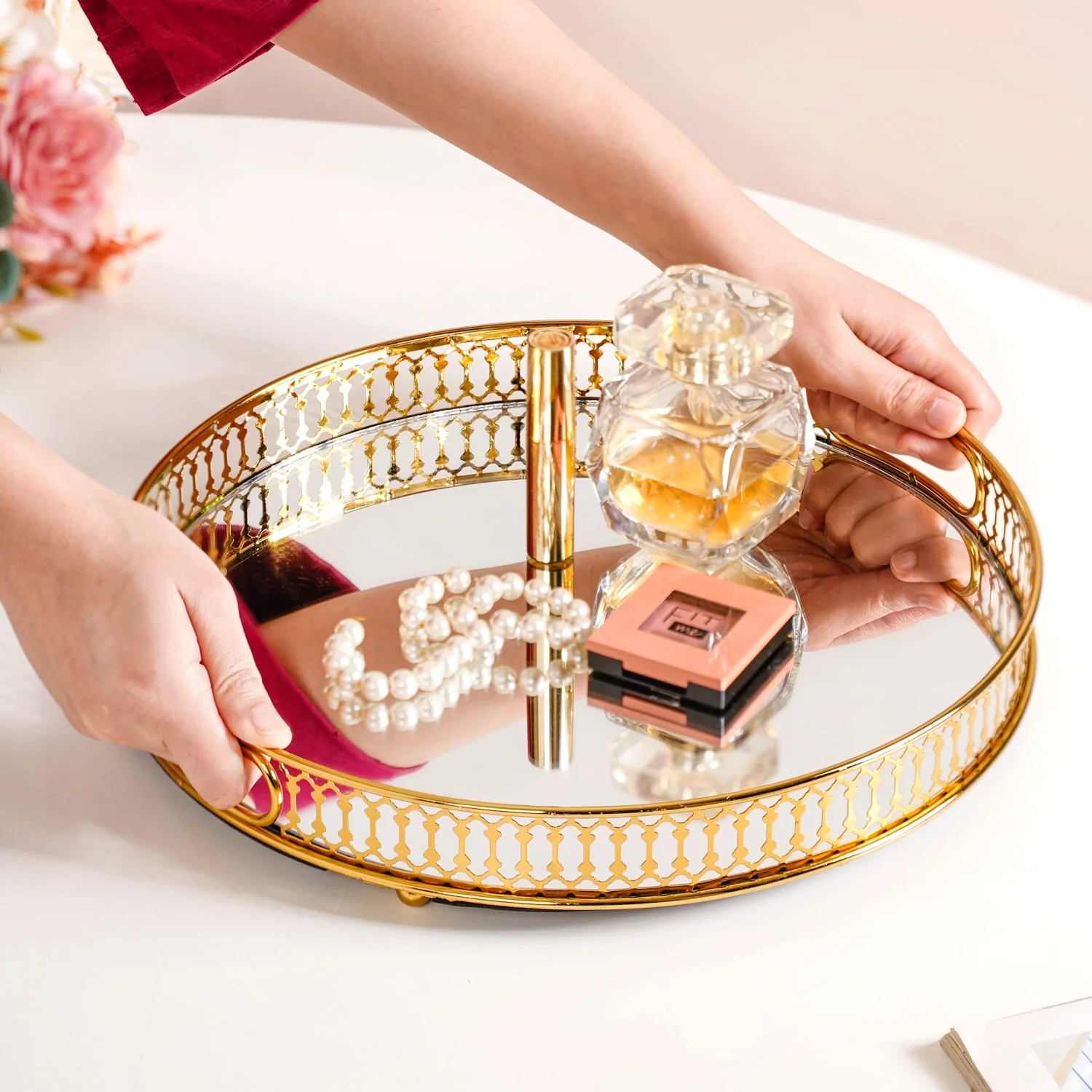 Gold Round Metal Mirror Tray For Decor - Image 2
