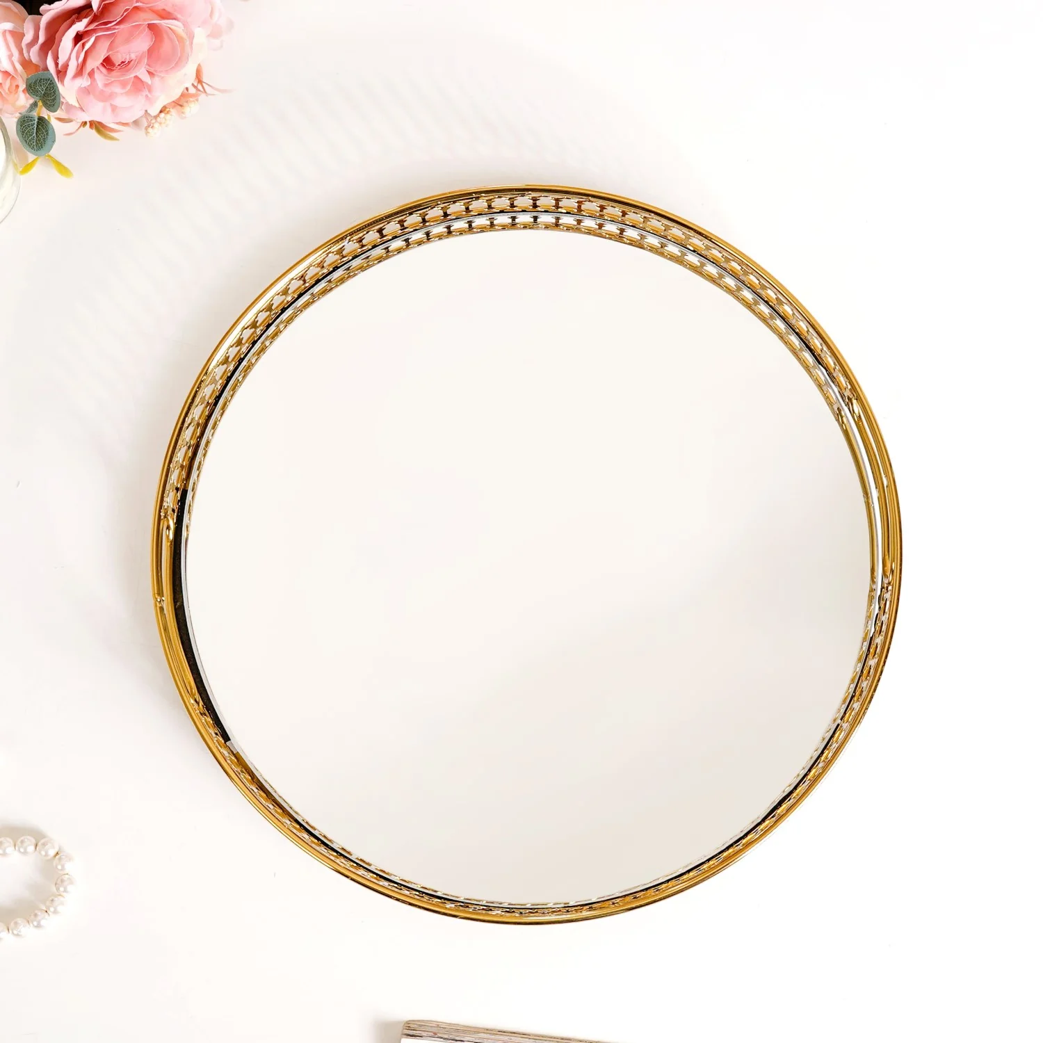 Gold Round Metal Mirror Tray For Decor - Image 3
