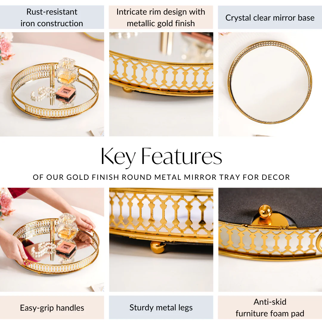 Gold Round Metal Mirror Tray For Decor - Image 5