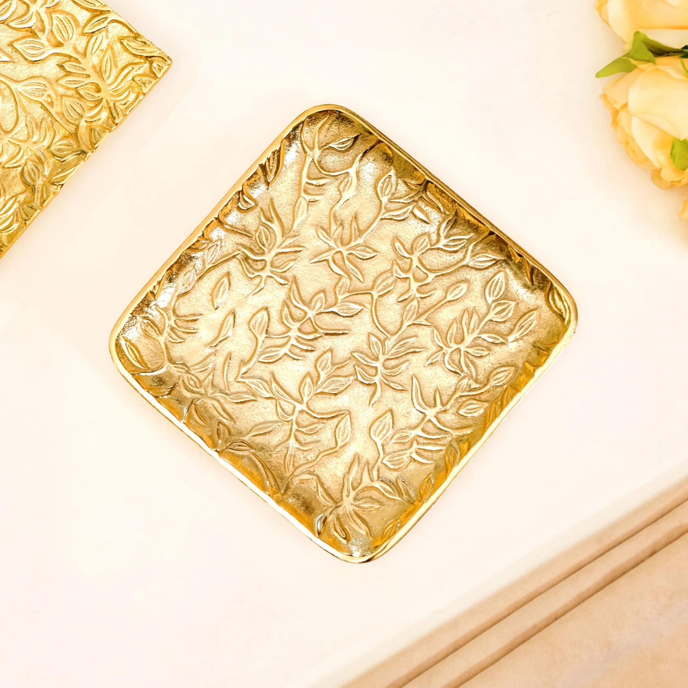 Golden Crest Floral Metal Decorative Tray