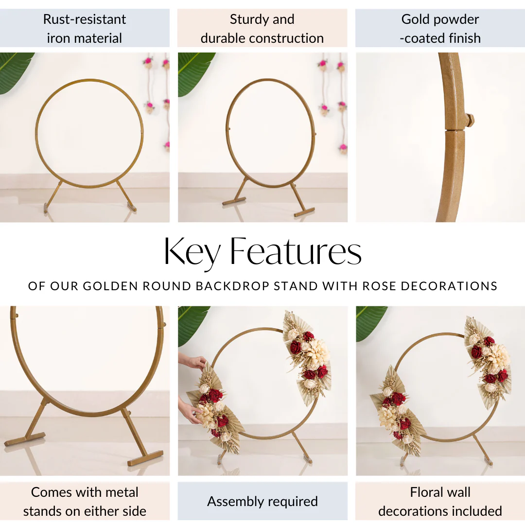 Golden Round Metal Backdrop Stand With Rose Decorations 28 Inch - Image 5