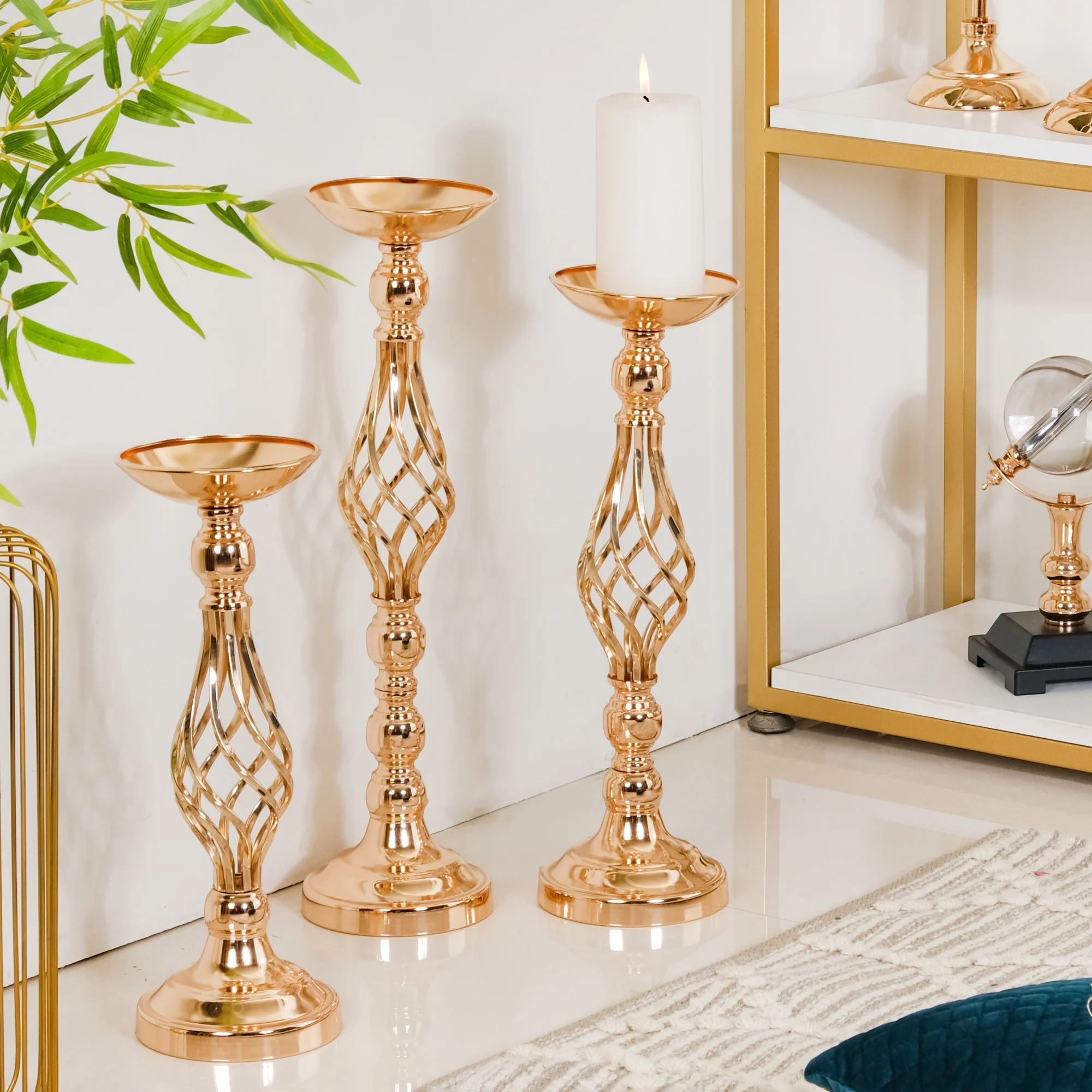 Golden Tall Floor Candle Stand Set Of 3 Large