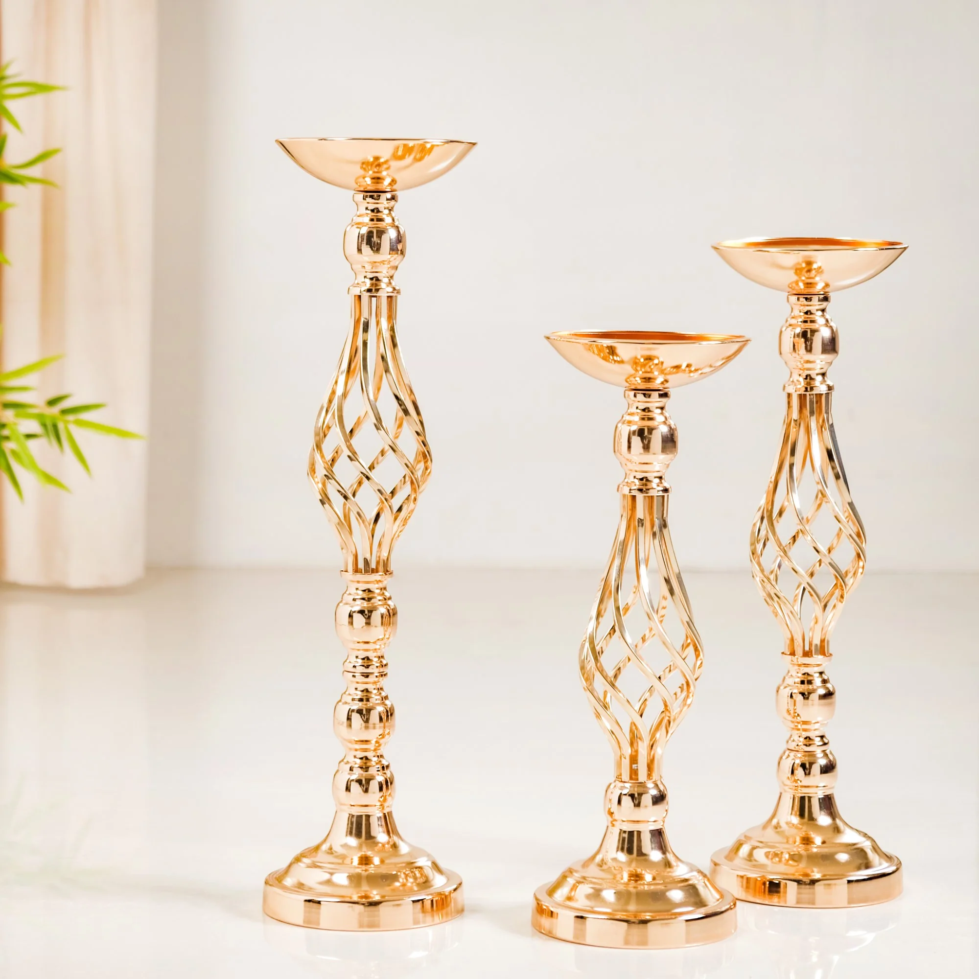 Golden Tall Floor Candle Stand Set Of 3 Large - Image 3