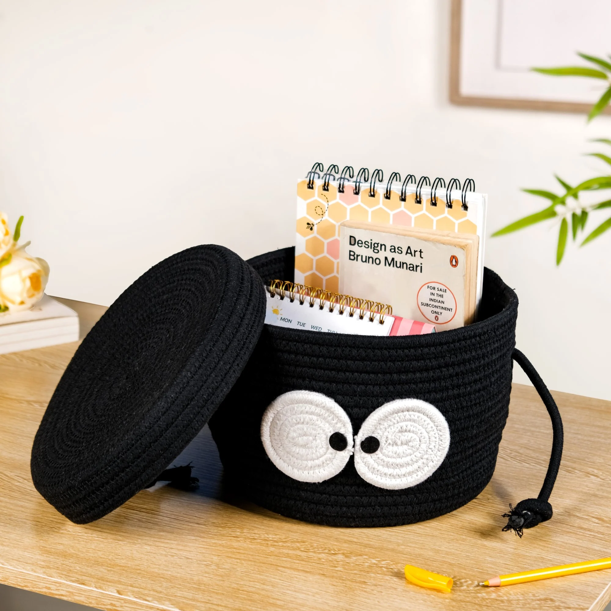 Googly Eyes Black Storage Basket With Lid 17cm