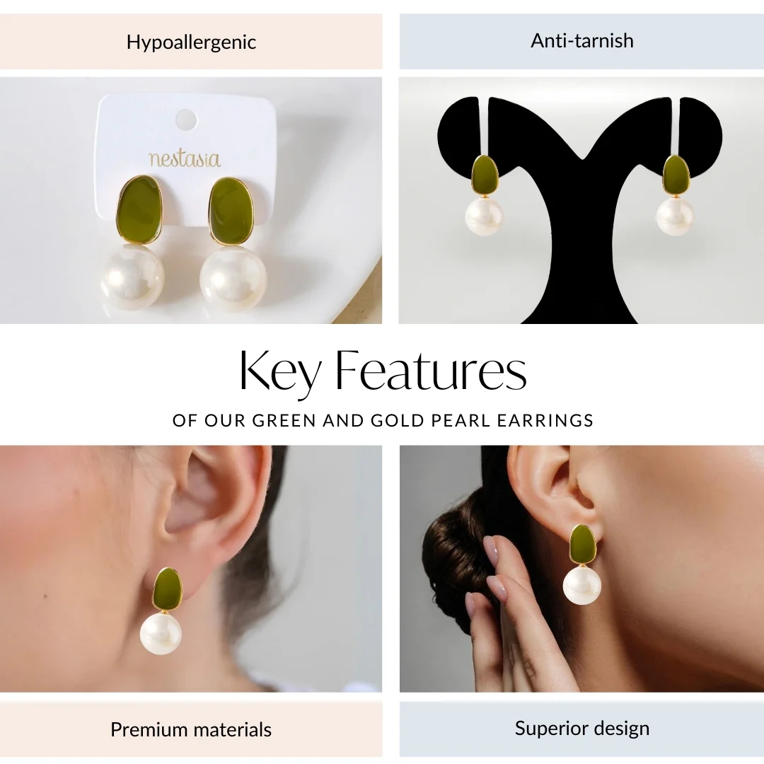 Green And Gold Pearl Earrings - Image 4