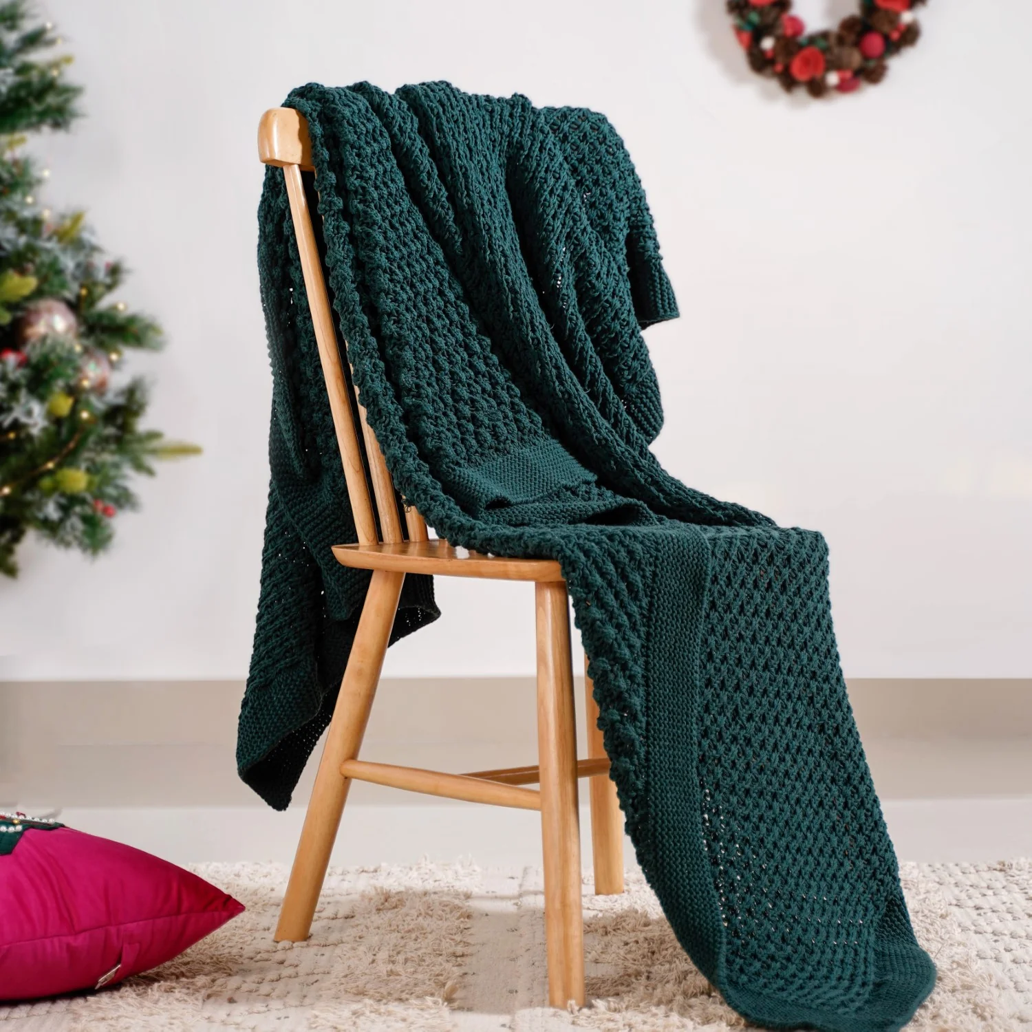 Green Cable Knitted Pure Cotton Soft Throw Blanket - Image 7