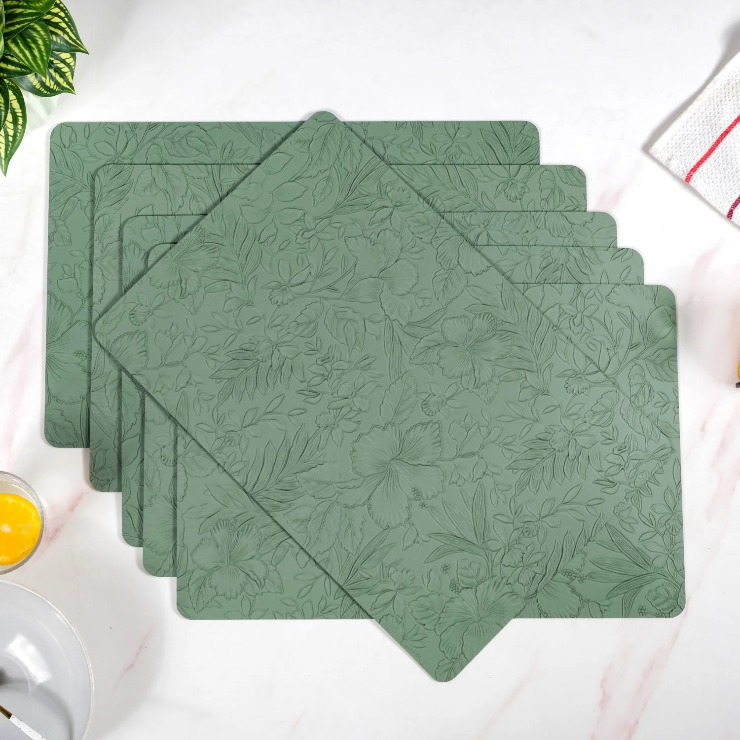 Green Embossed Hibiscus Rectangular Placemats Set Of 6 - Image 6