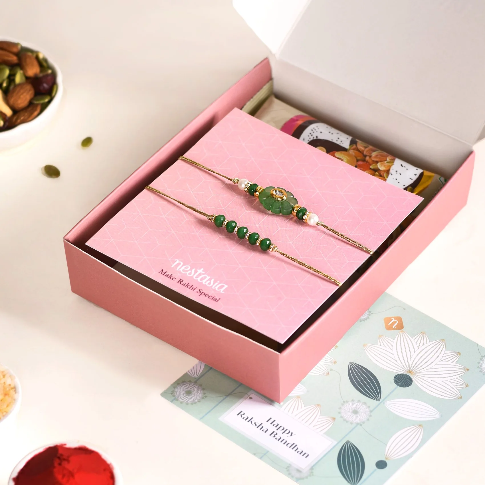Green Flora Rakhi Set Of 4 With Box And Card - Image 2