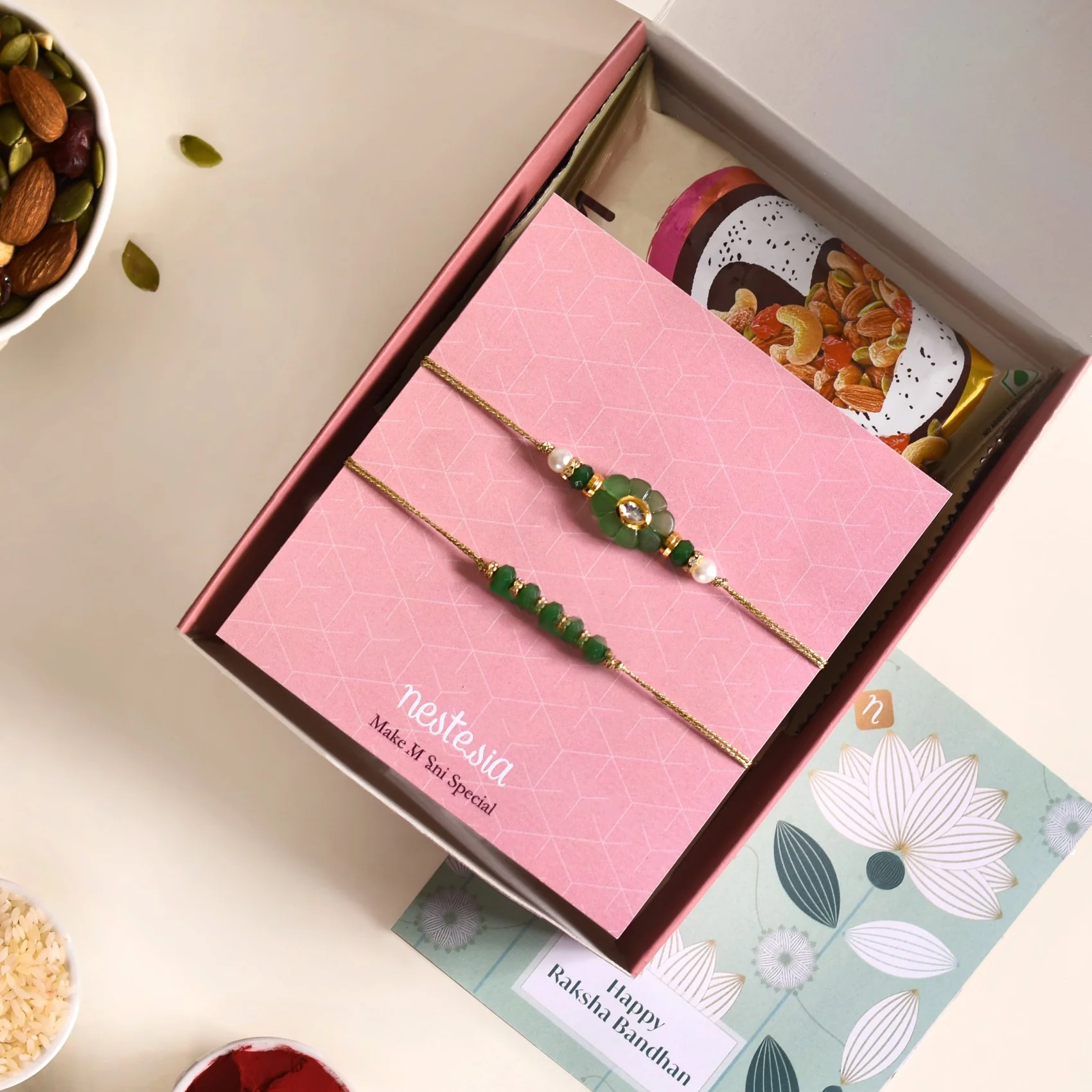 Green Flora Rakhi Set Of 4 With Box And Card - Image 4