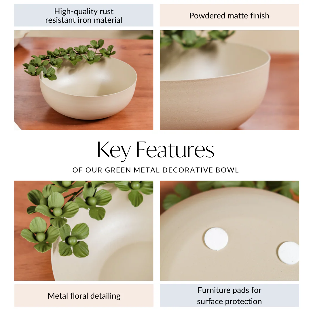 Green Garden Decorative Bowl With Metal Flowers 9 Inch - Image 4