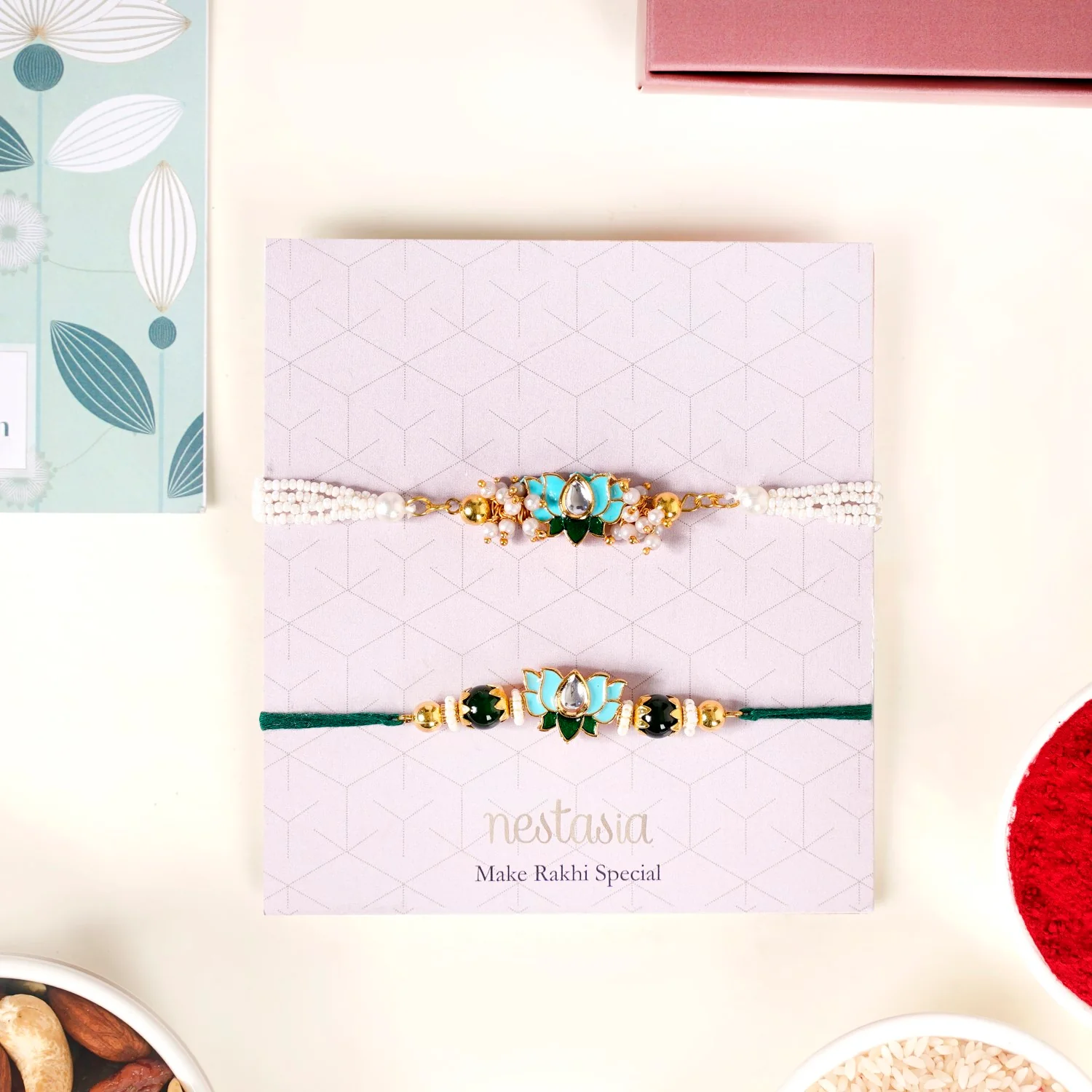 Green Kundan Lotus Rakhi Gift Set For Bhaiya Bhabhi - Image 6