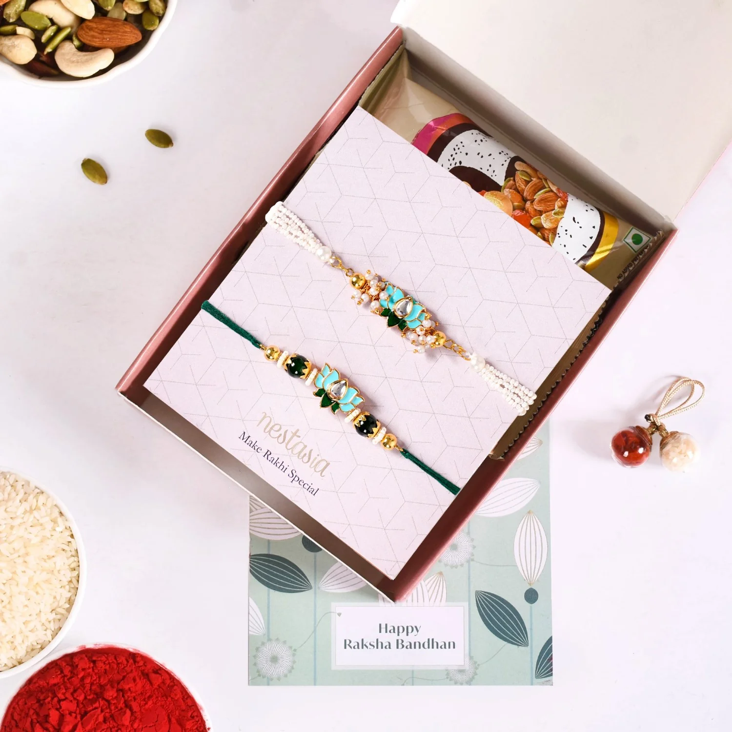 Green Kundan Lotus Rakhi Gift Set For Bhaiya Bhabhi - Image 7
