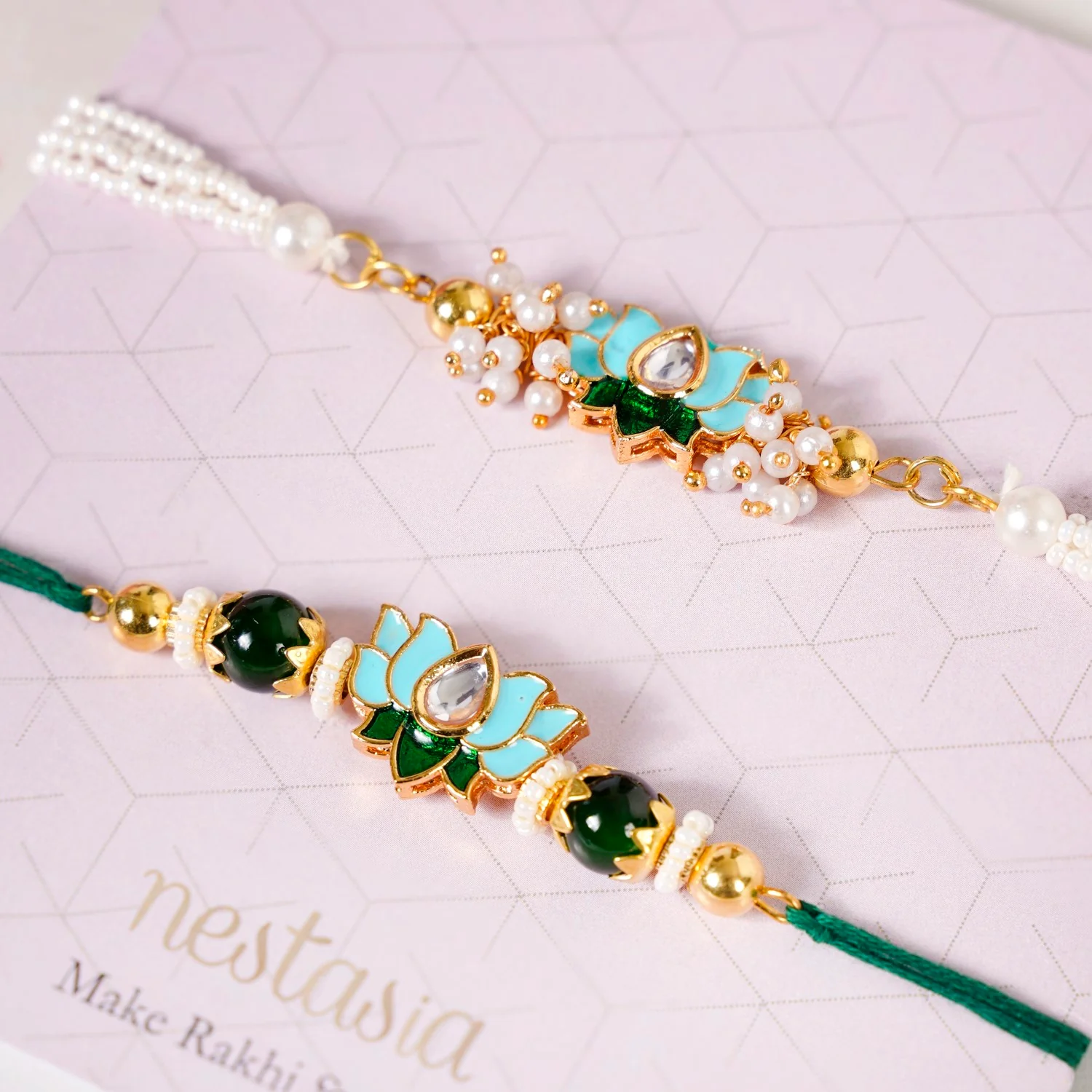 Green Kundan Lotus Rakhi Gift Set For Bhaiya Bhabhi - Image 8