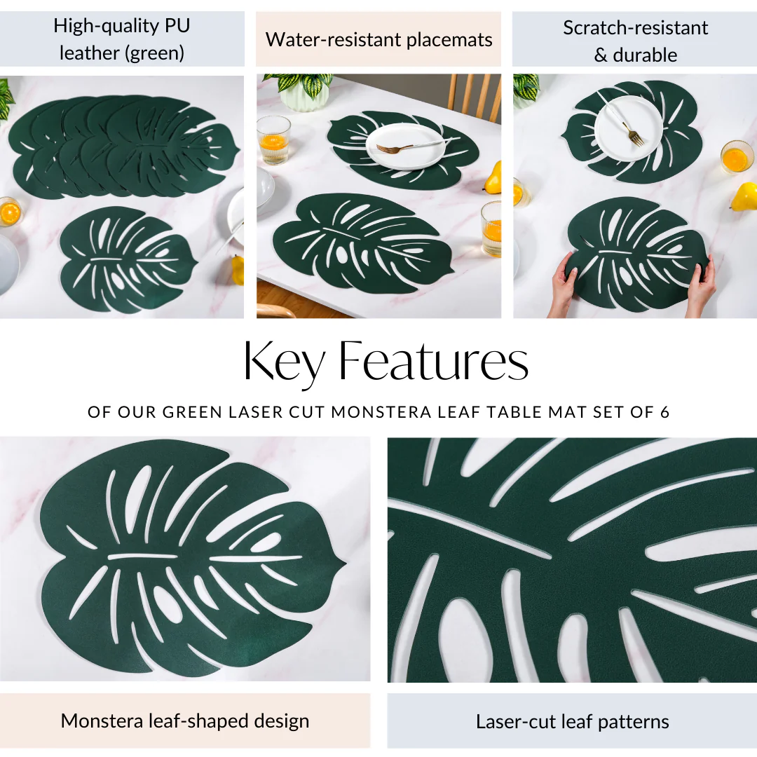Green Laser Cut Monstera Leaf Table Mat Set Of 6 - Image 5