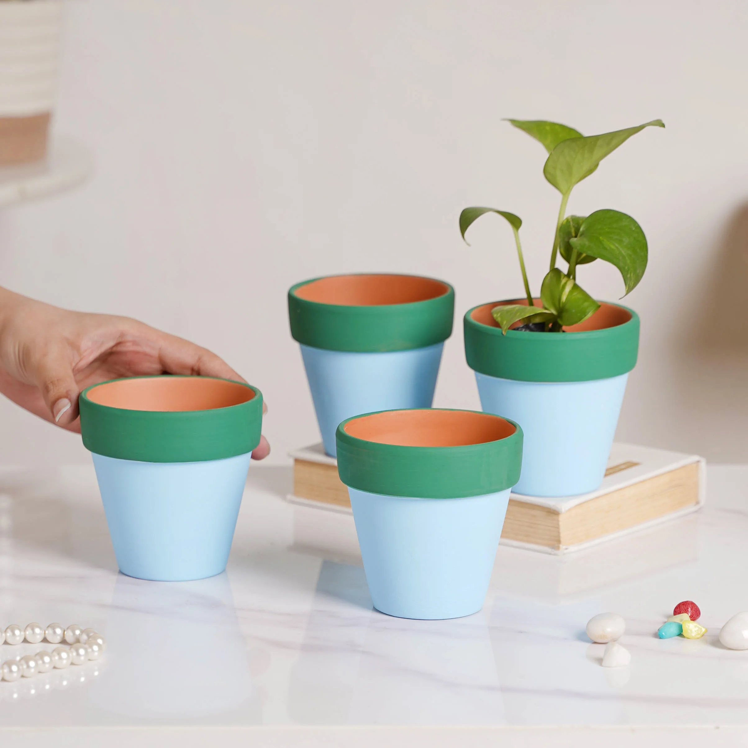 Green Rim Light Blue Clay Pot Set Of 4 - Image 2