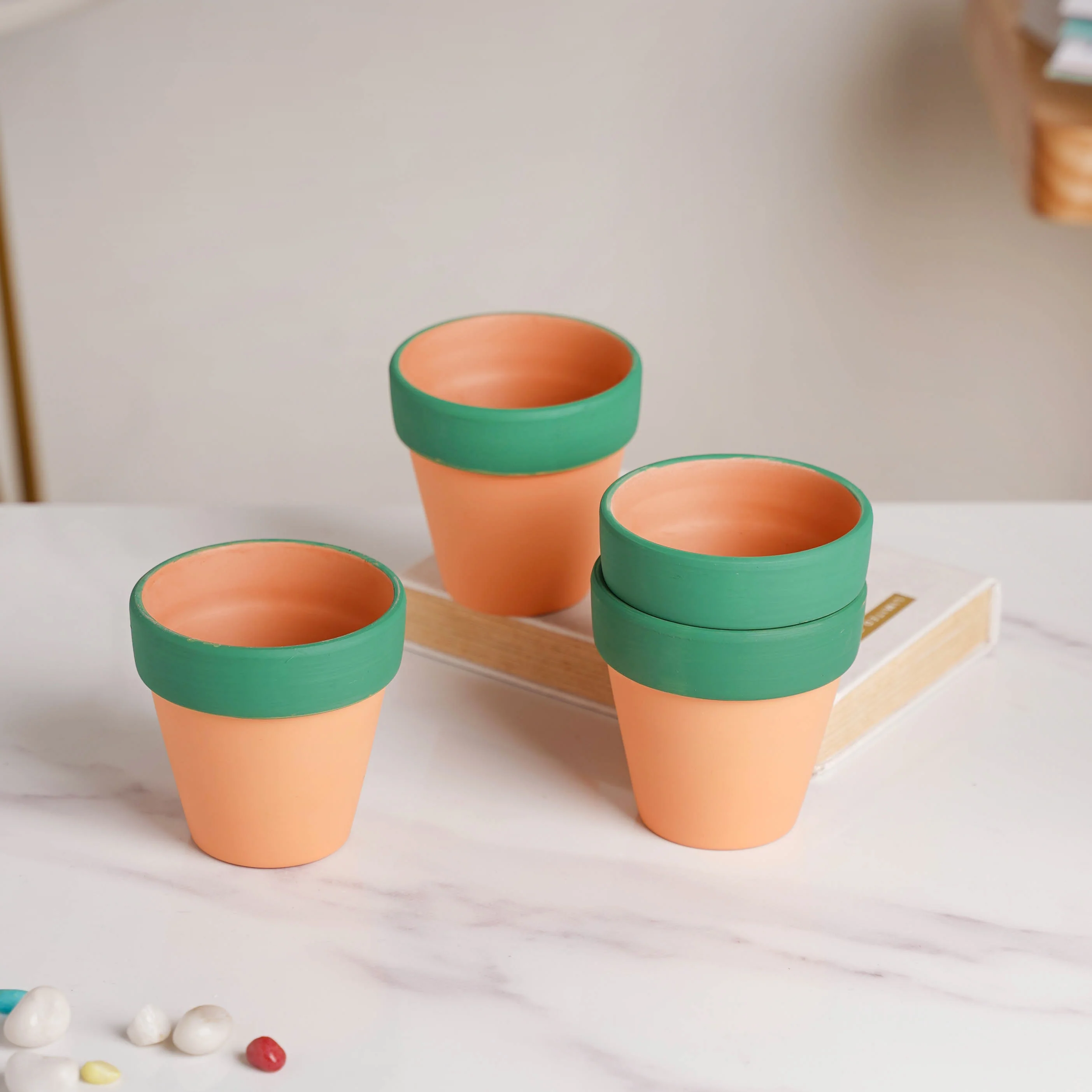 Green Rim Orange Clay Pot Set Of 4 - Image 6
