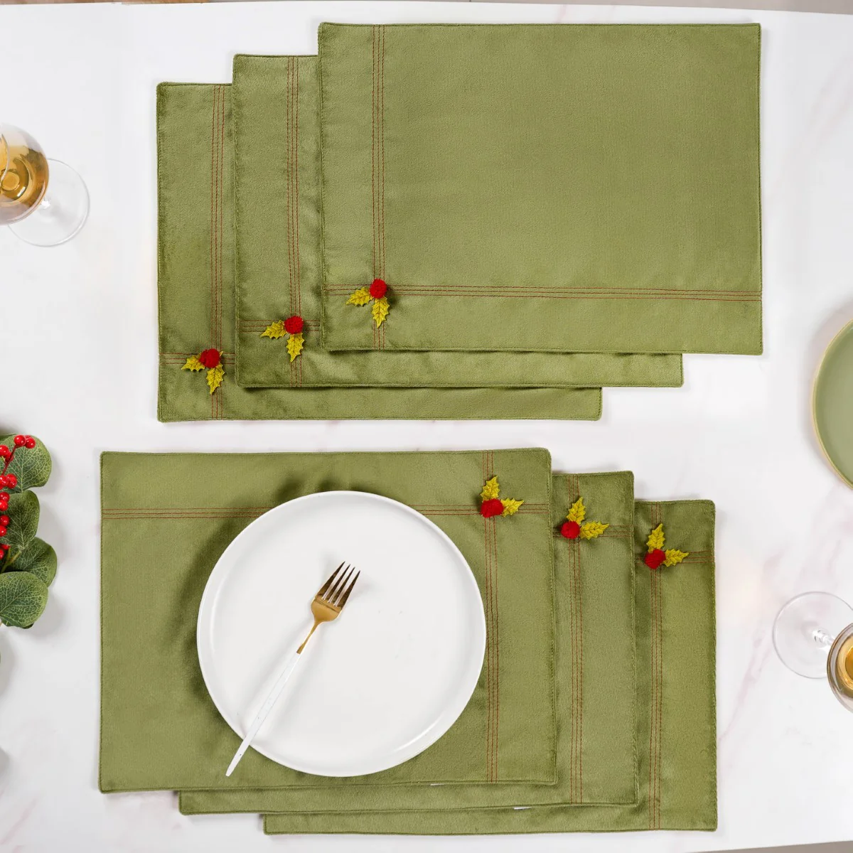 Green Velvet Table Mat Set Of 6 - Image 3