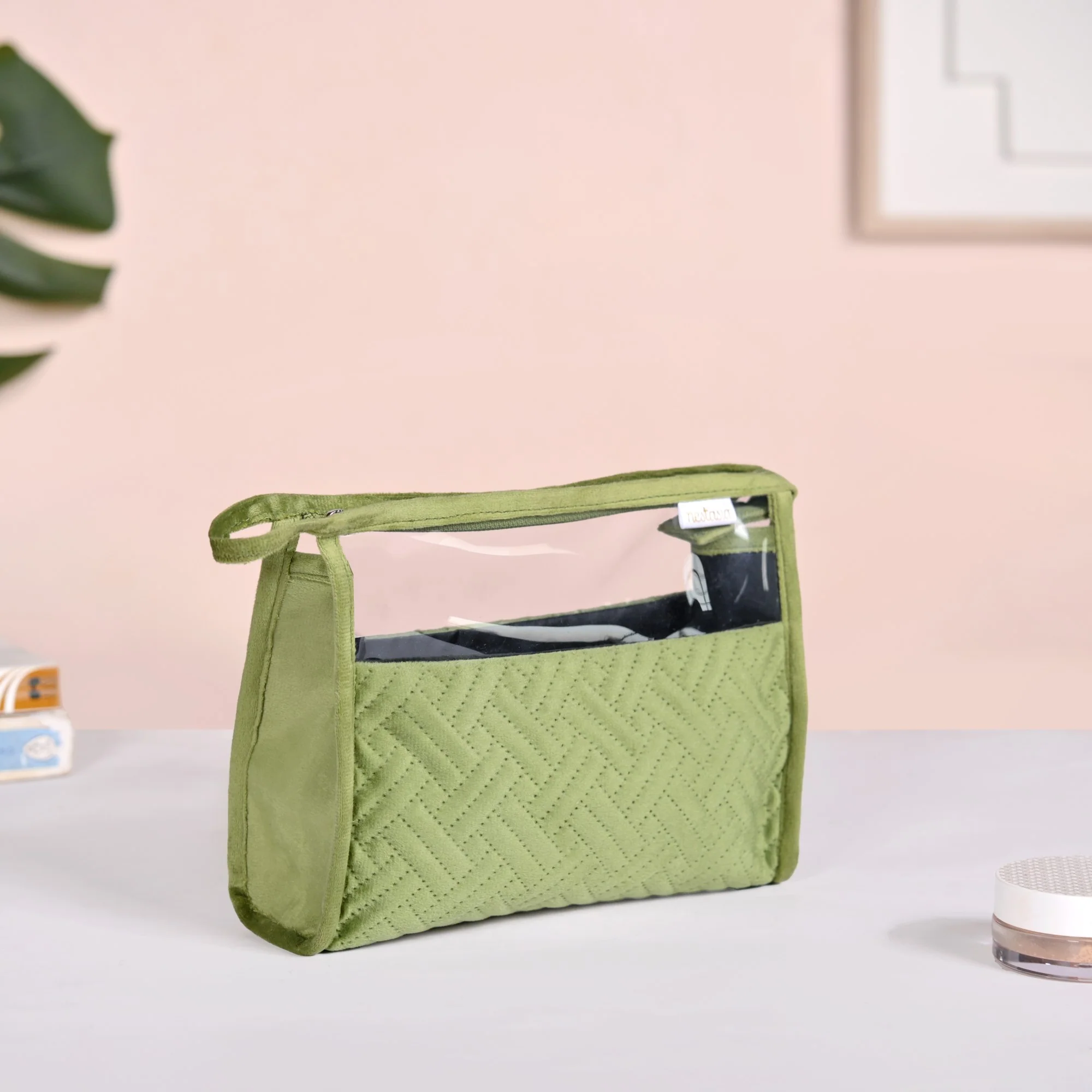 Green Velvet Transparent Travel Pouch Set Of 2 - Image 8