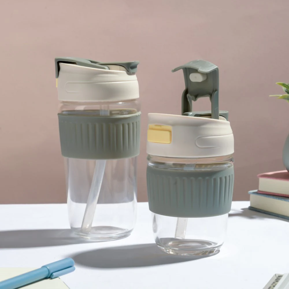 Glass Tumbler With Dual Flip Lid Grey 350ml - Image 9