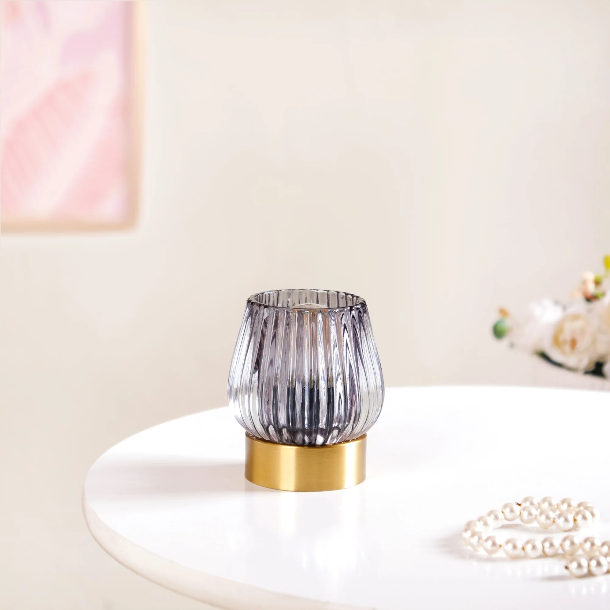 Grey Glass Tulip Battery Lamp With LED Light Bulb