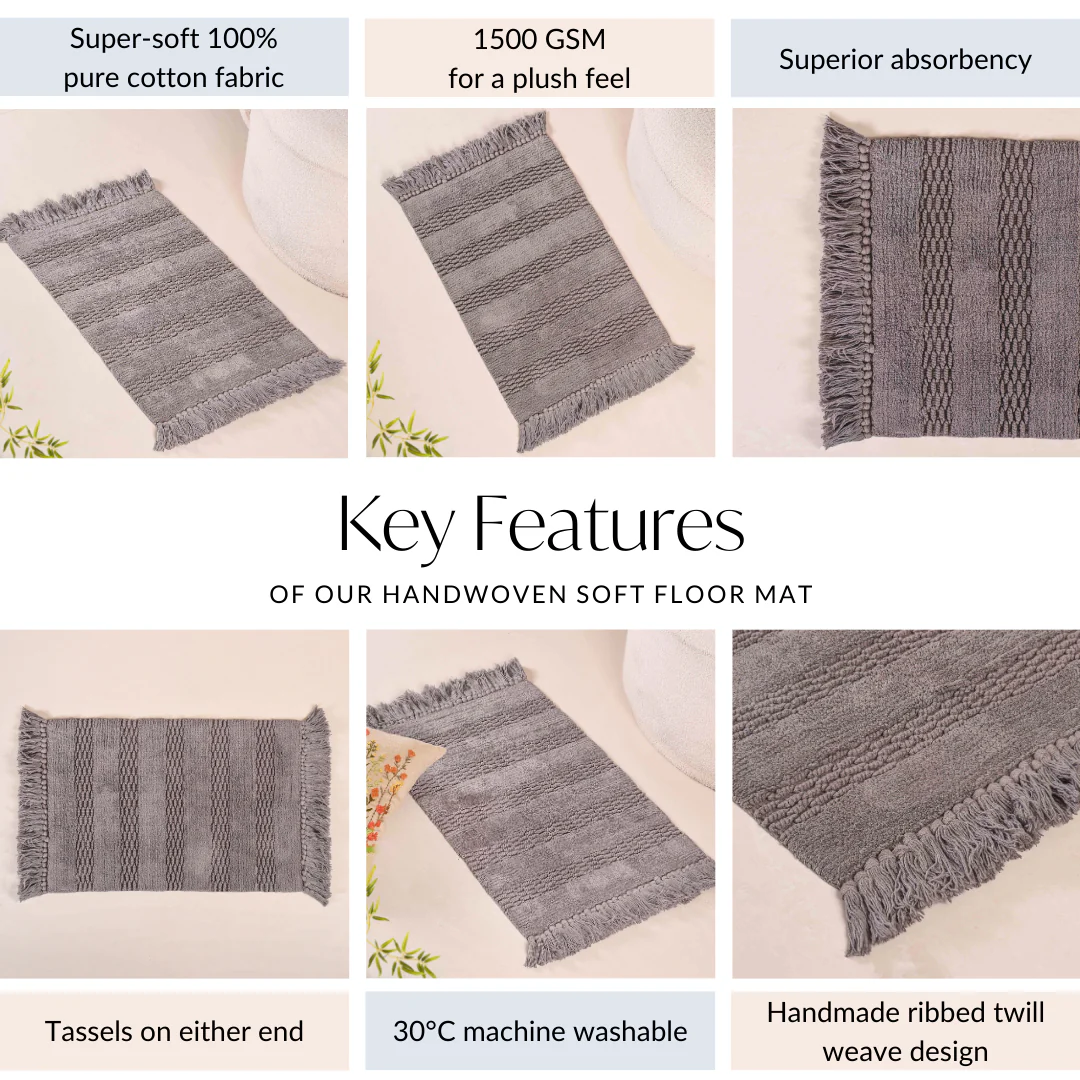 Grey High Absorbent Handcrafted Cotton Floor Mat Set Of 2 31x17 Inch - Image 5