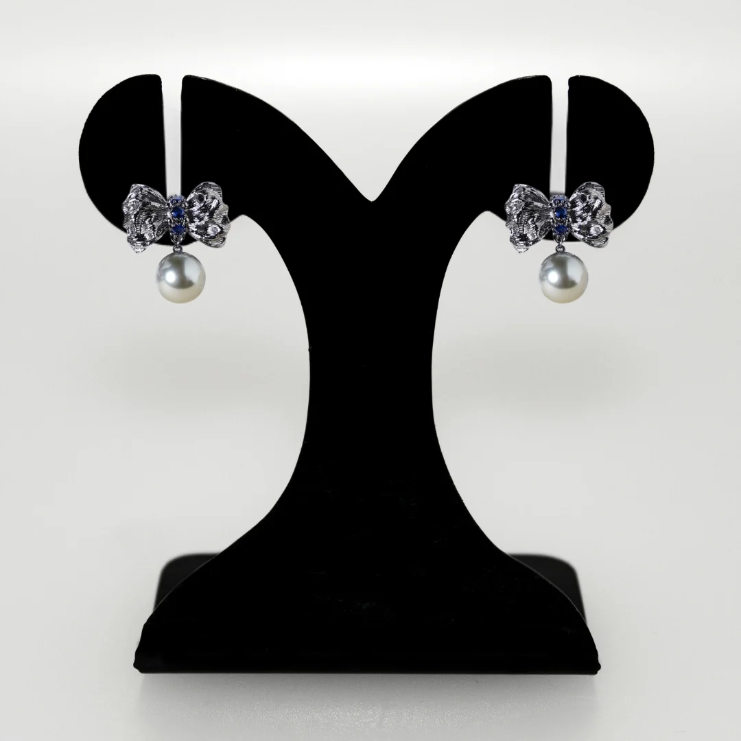 Grey Pearl Ribbon Bow Drop Earrings - Image 6