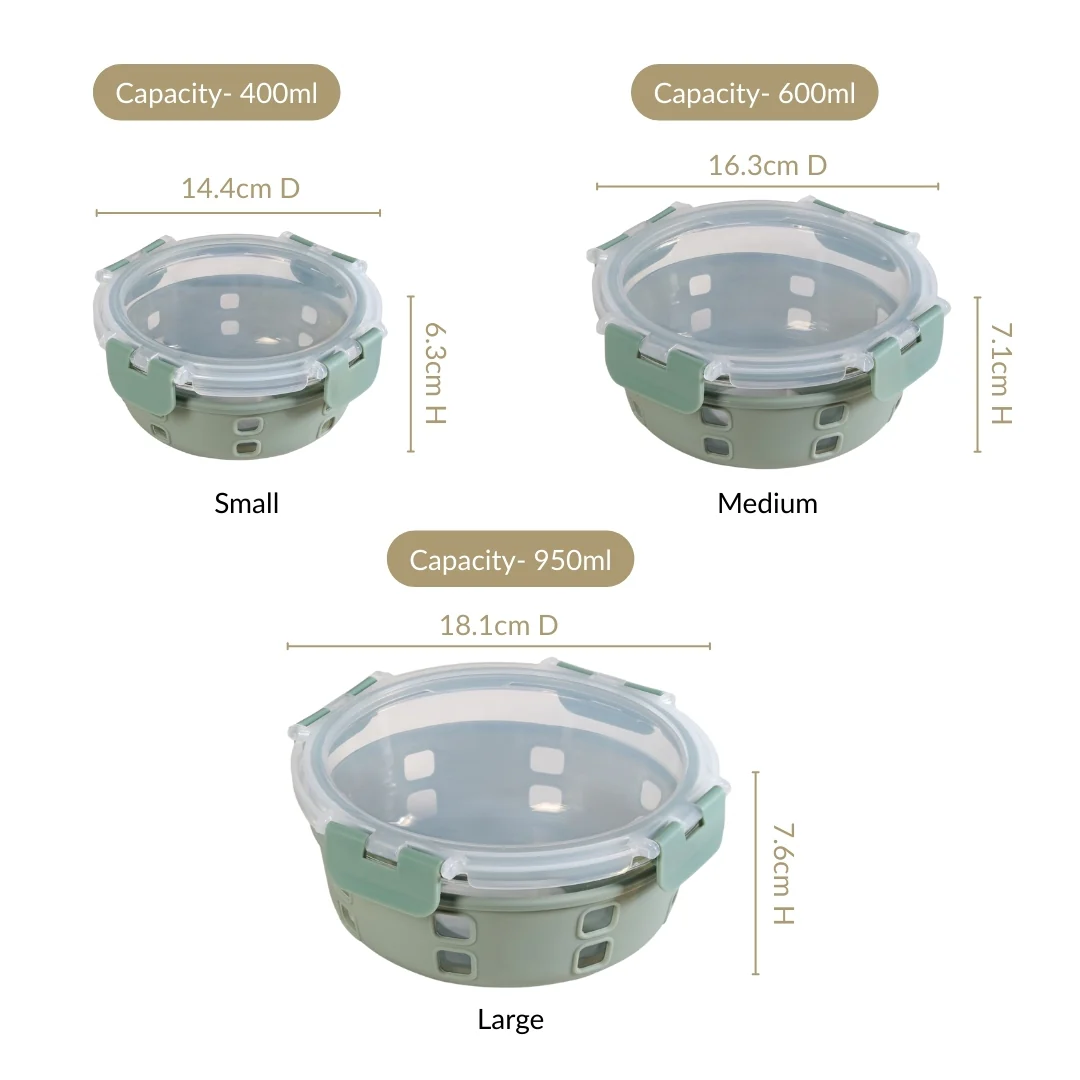 Gripso Borosilicate Glass Lunch Box With Silicone Sleeves Set Of 3 Sage Green S 400ml M 600ml L 950ml - Image 4