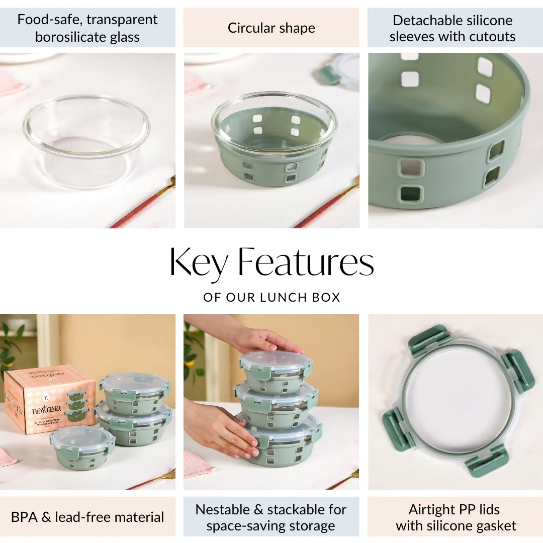 Gripso Borosilicate Glass Lunch Box With Silicone Sleeves Set Of 3 Sage Green S 400ml M 600ml L 950ml - Image 5