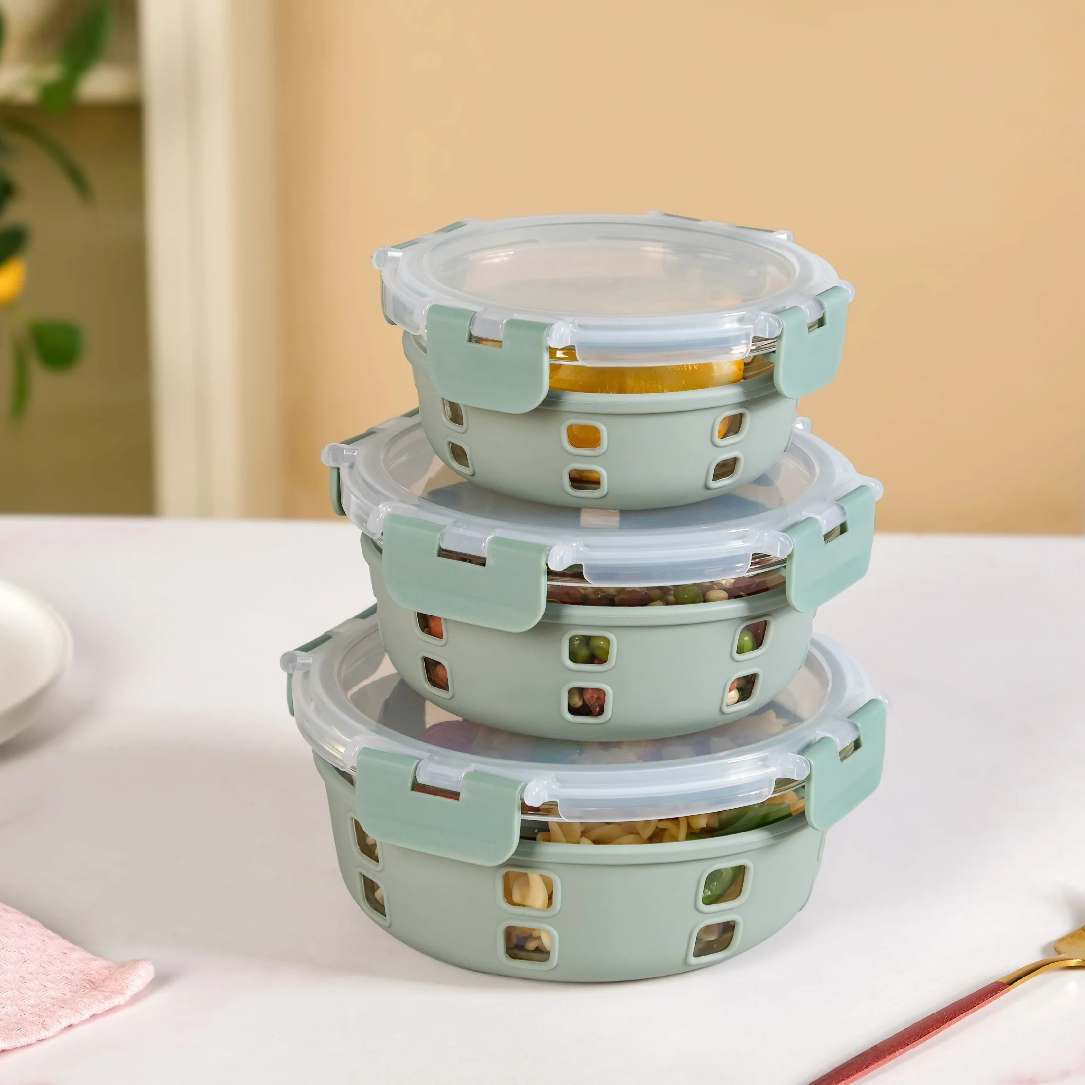 Gripso Borosilicate Glass Lunch Box With Silicone Sleeves Set Of 3 Sage Green S 400ml M 600ml L 950ml - Image 9