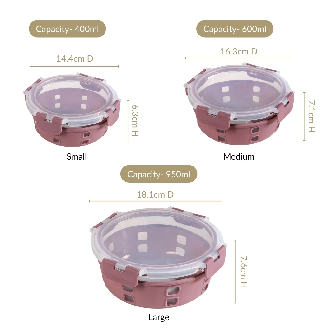 Gripso Food Storage Container With Silicone Sleeves Set Of 3 Mauve S 400ml M 600ml L 950ml - Image 4