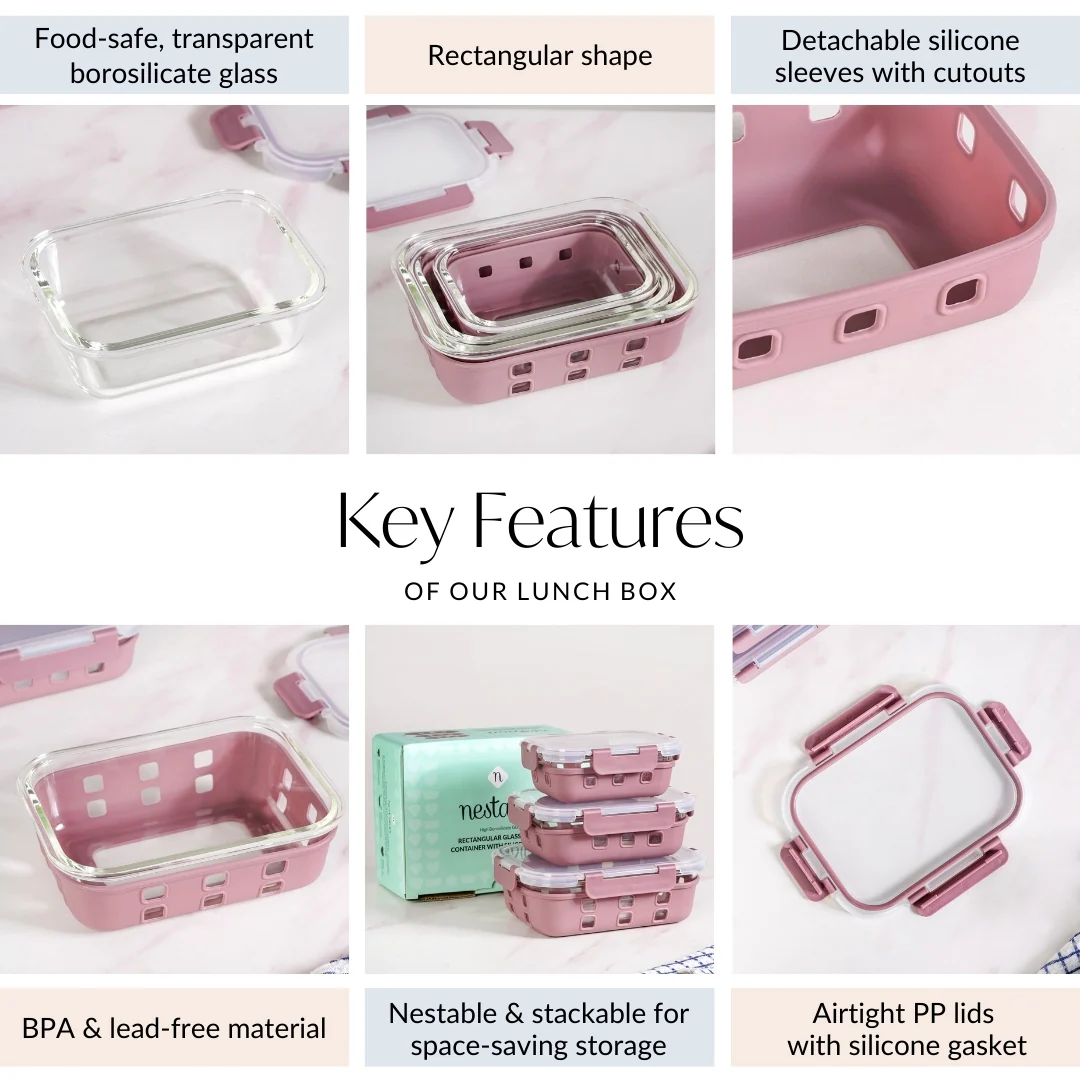 Gripso Glass Lunch Box For Office With Silicone Sleeves Set Of 3 Mauve S 370ml M 600ml L1000ml - Image 5