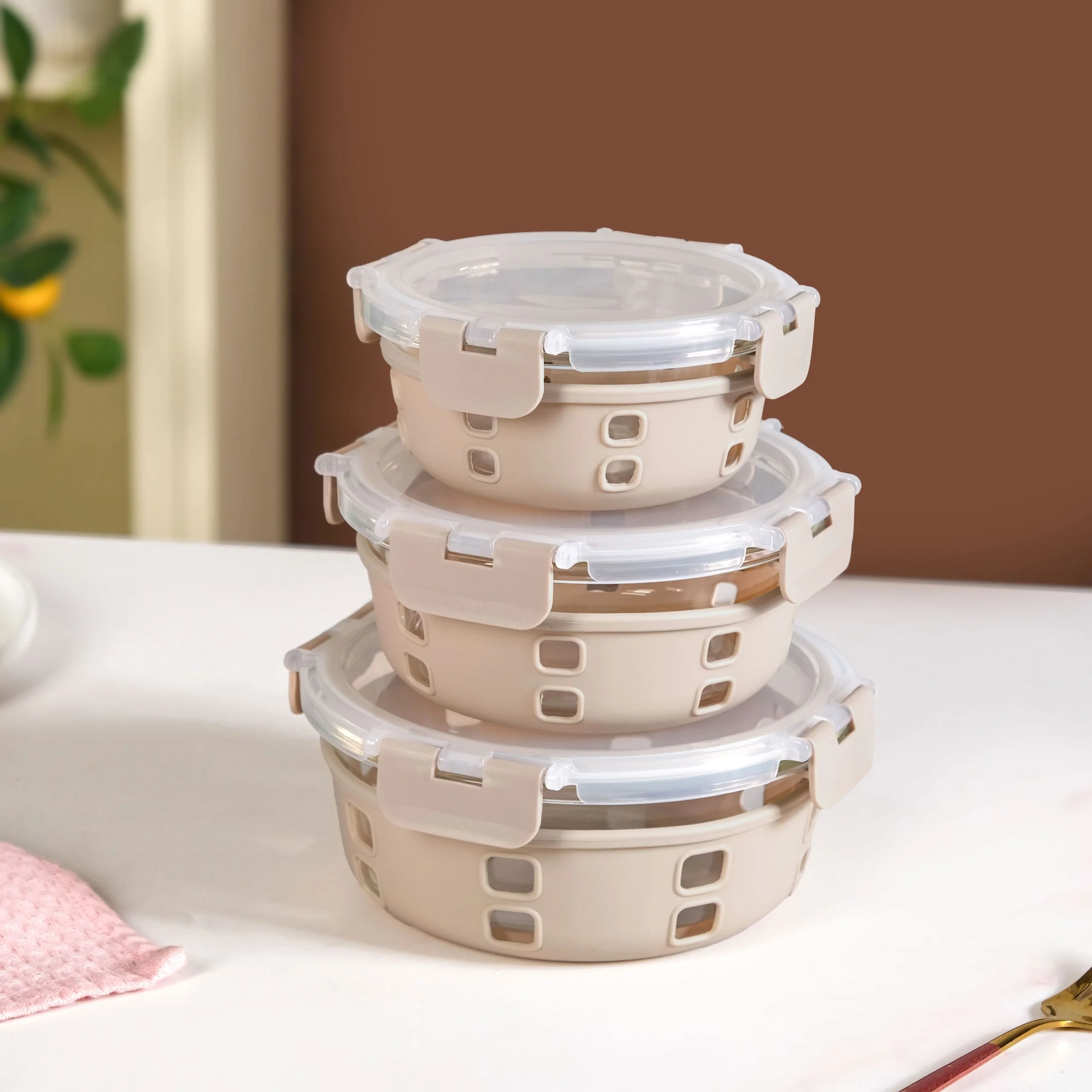 Gripso Microwave Safe Meal Prep Container With Silicone Sleeves Set Of 3 Beige S 400ml M 600ml L 950ml