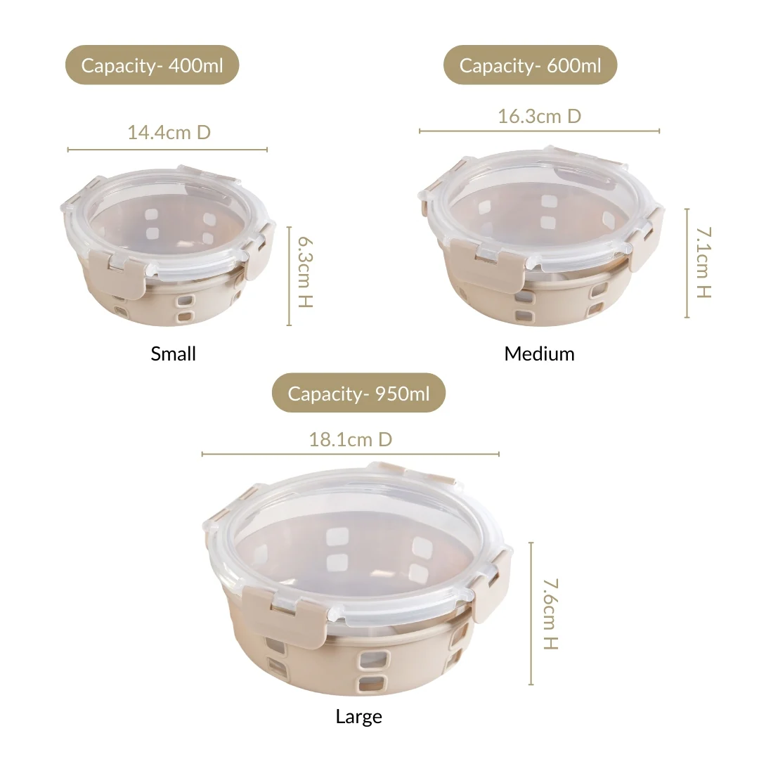 Gripso Microwave Safe Meal Prep Container With Silicone Sleeves Set Of 3 Beige S 400ml M 600ml L 950ml - Image 4