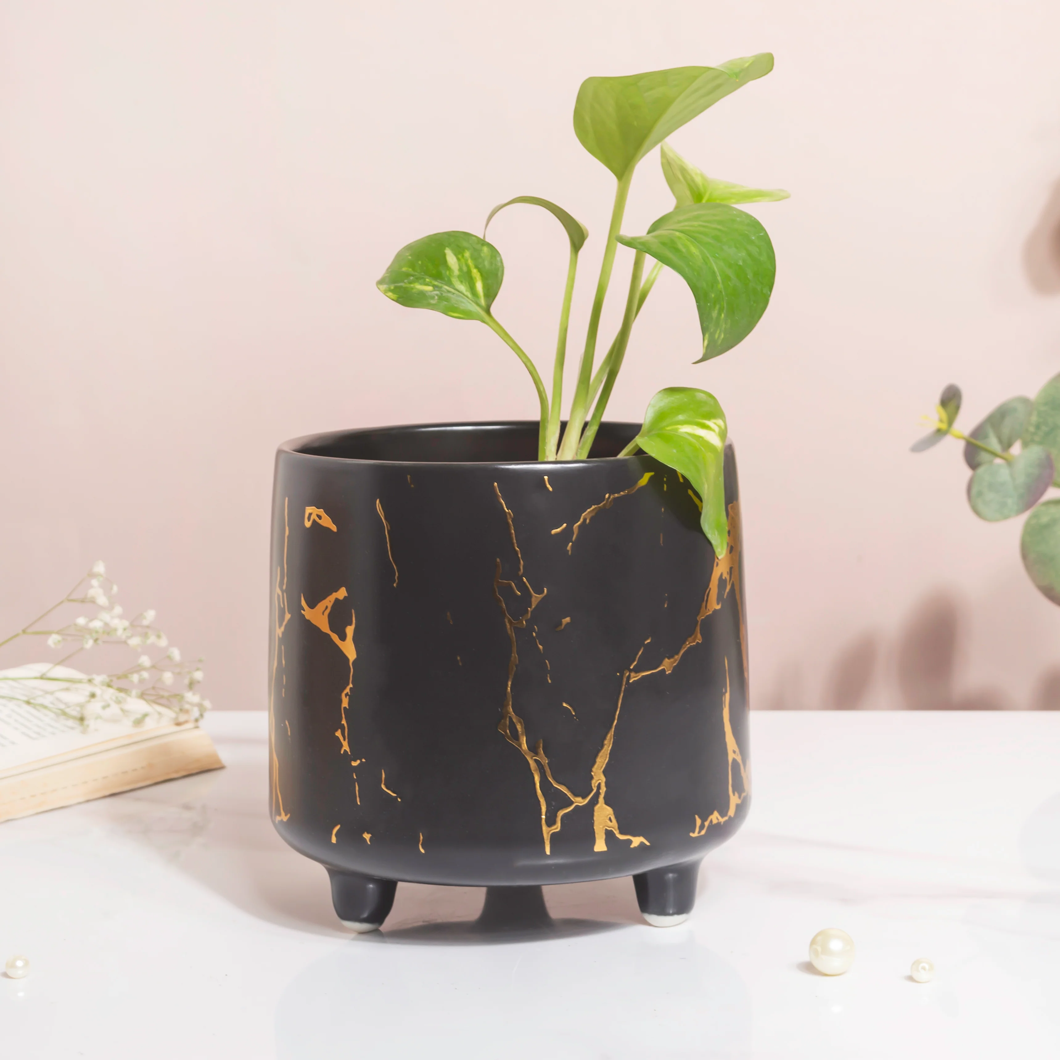 Halcyon Gold Black Marble Ceramic Planter With Legs Large