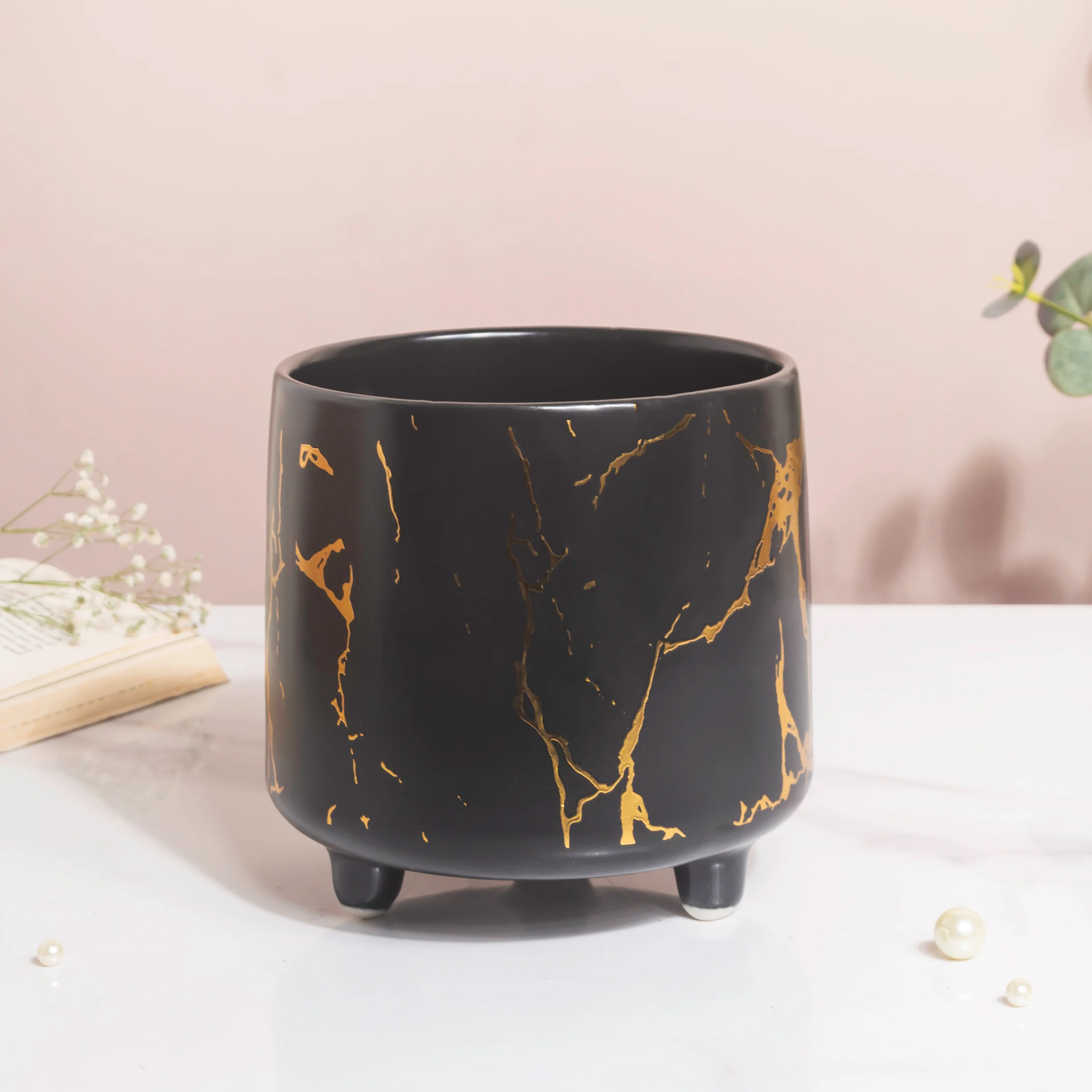 Halcyon Gold Black Marble Ceramic Planter With Legs Large - Image 6