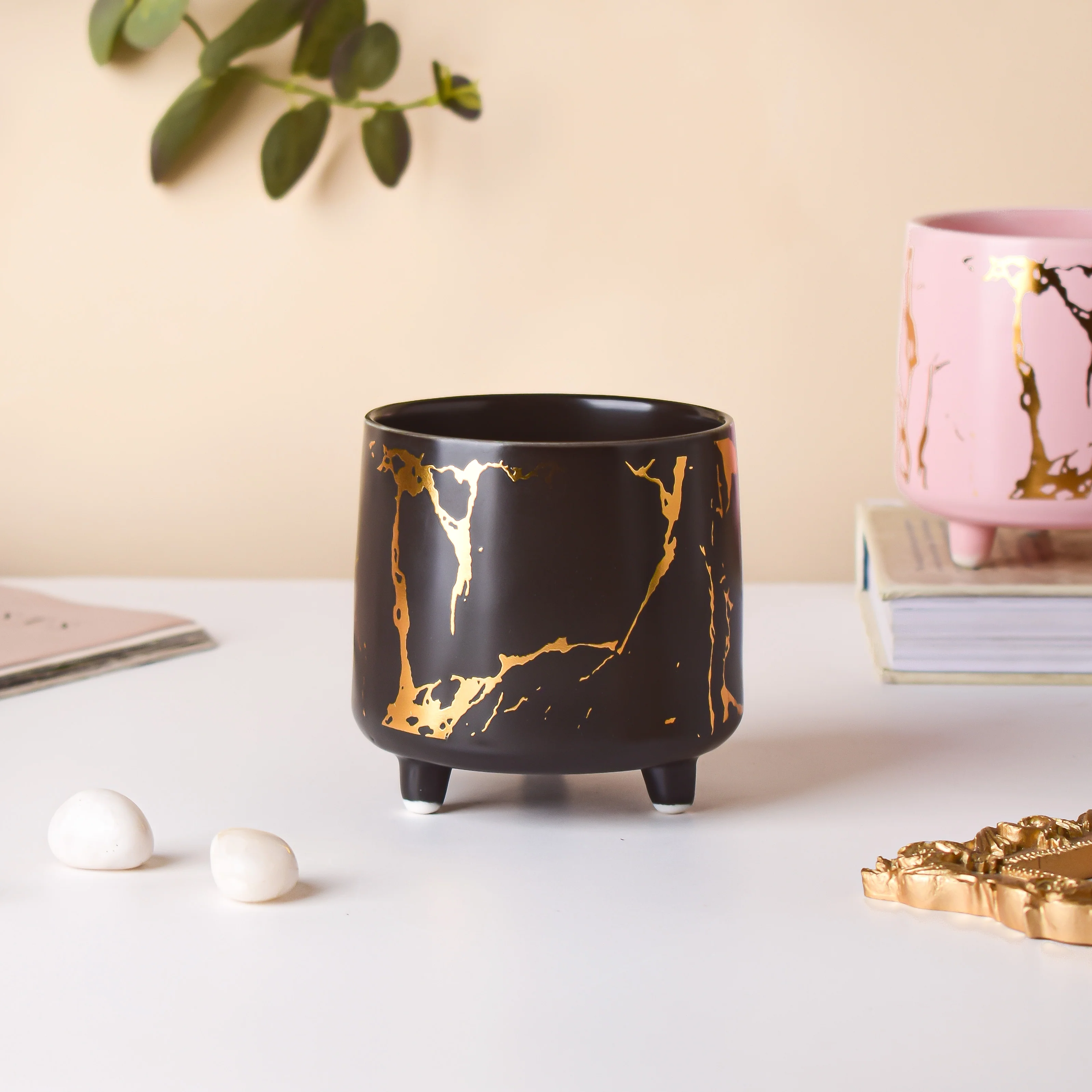 Halcyon Gold Black Marble Ceramic Planter With Legs Small