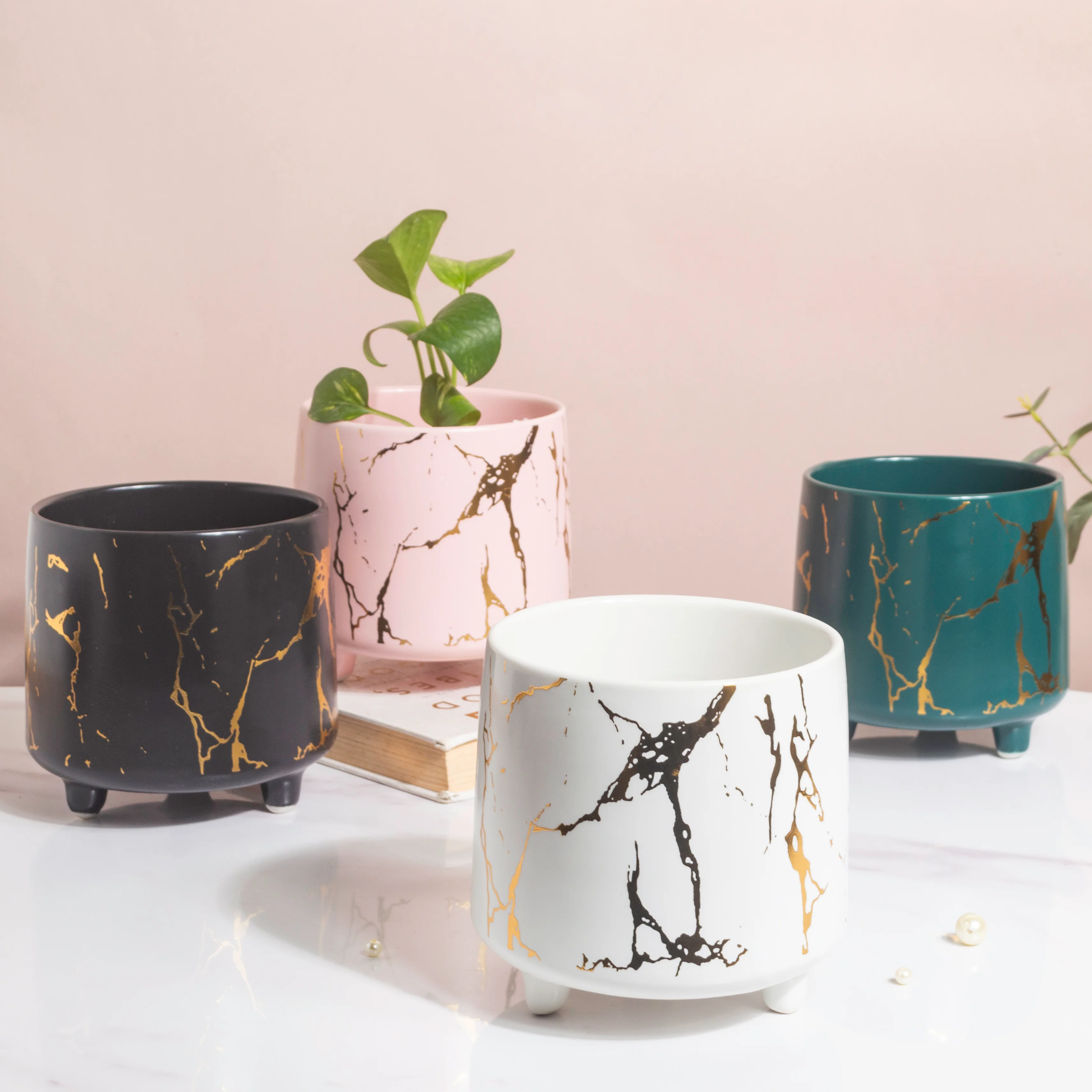 Halcyon Gold Pink Marble Ceramic Planter With Legs Large - Image 8