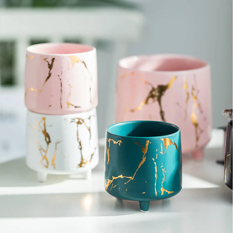 Halcyon Gold Pink Marble Ceramic Planter With Legs Large - Image 9
