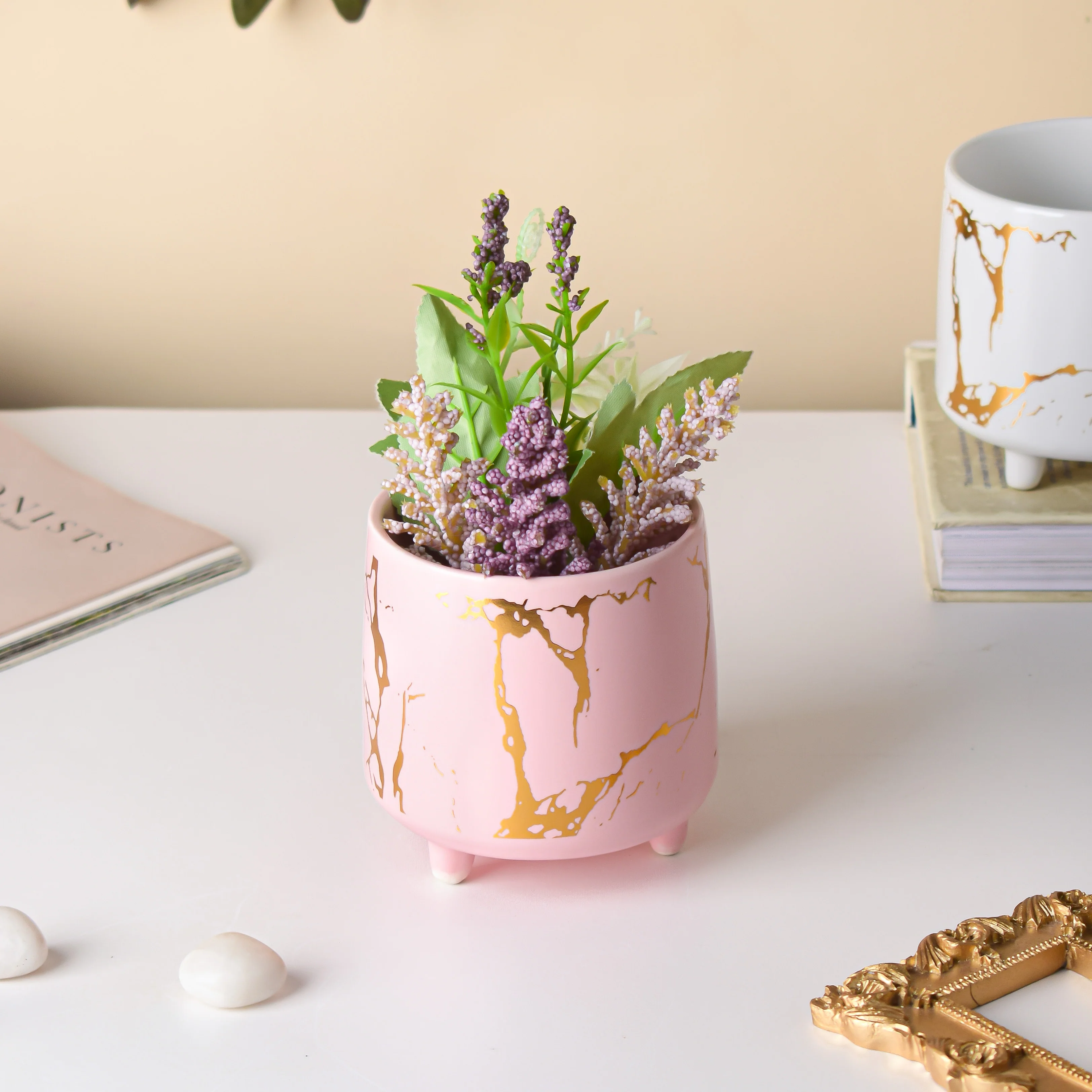 Halcyon Gold Pink Marble Ceramic Planter With Legs Small - Image 2
